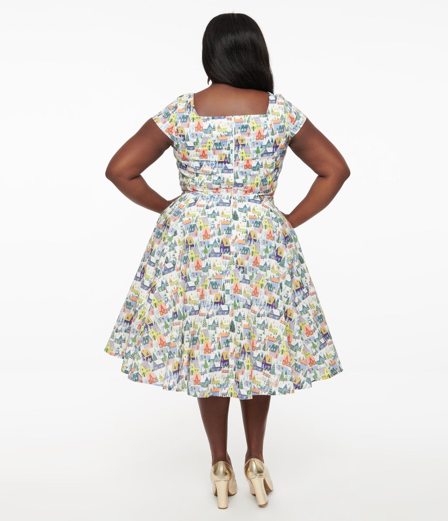 Magnolia Place Plus Size Multicolor Winter House Print Anna Swing Dress