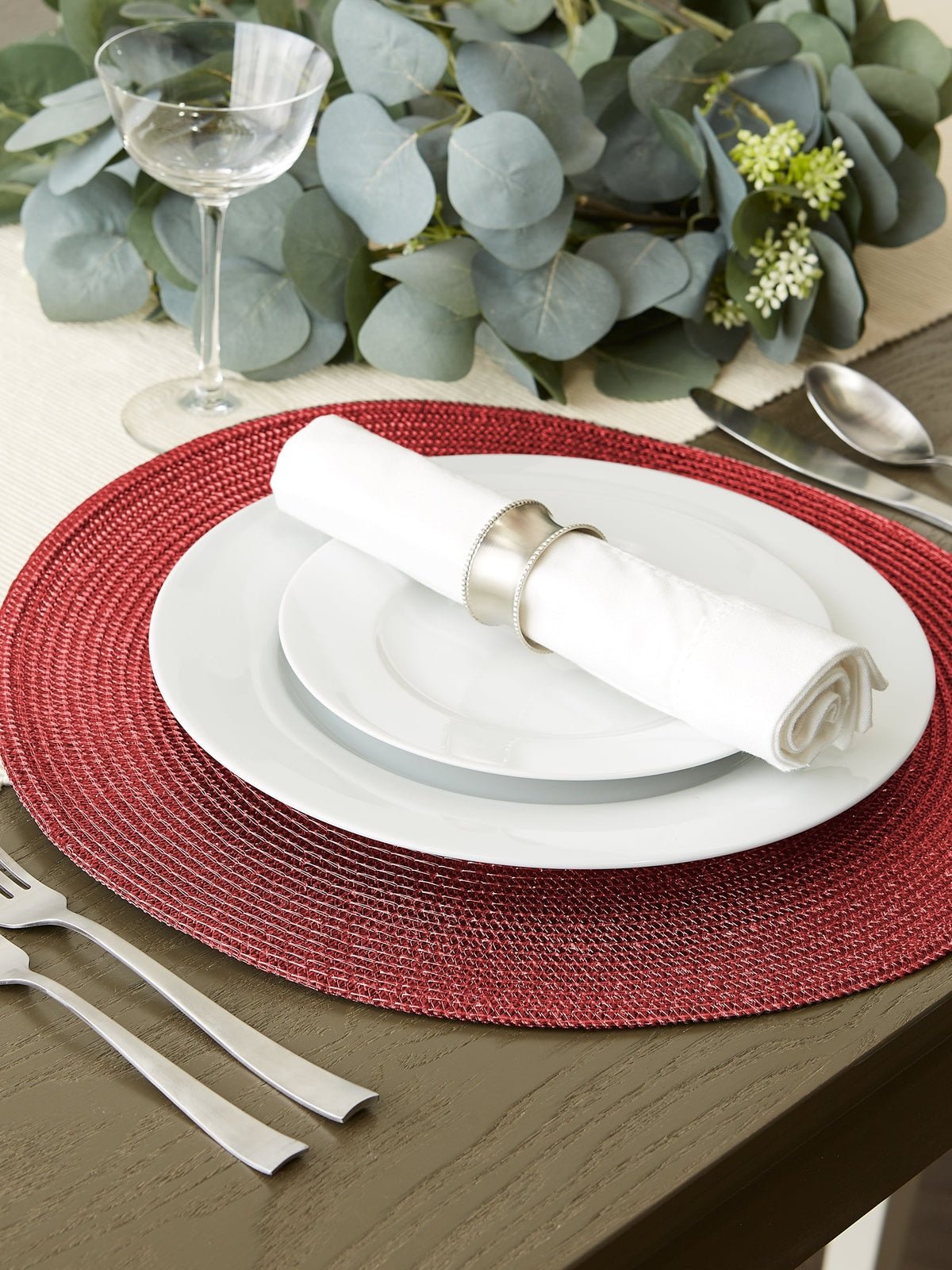 Metallic Red Round Woven Placemats, Set Of 6