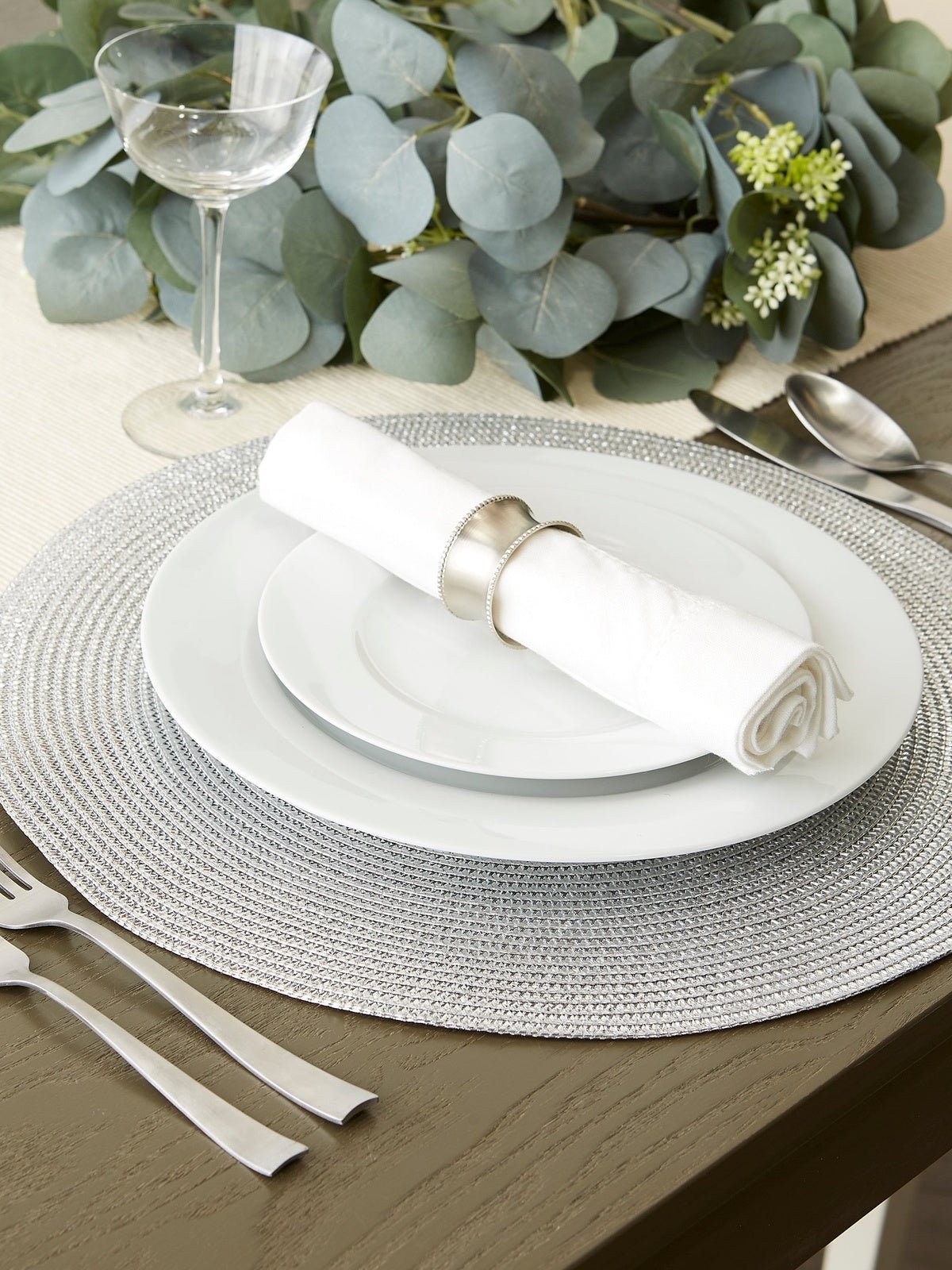 Metallic Silver Round Woven Placemats, Set Of 6
