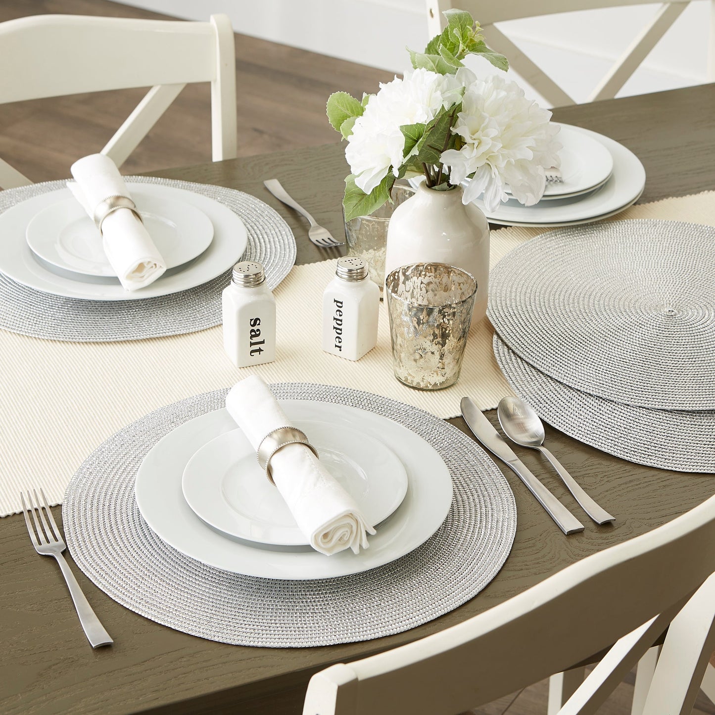 Metallic Silver Round Woven Placemats, Set Of 6