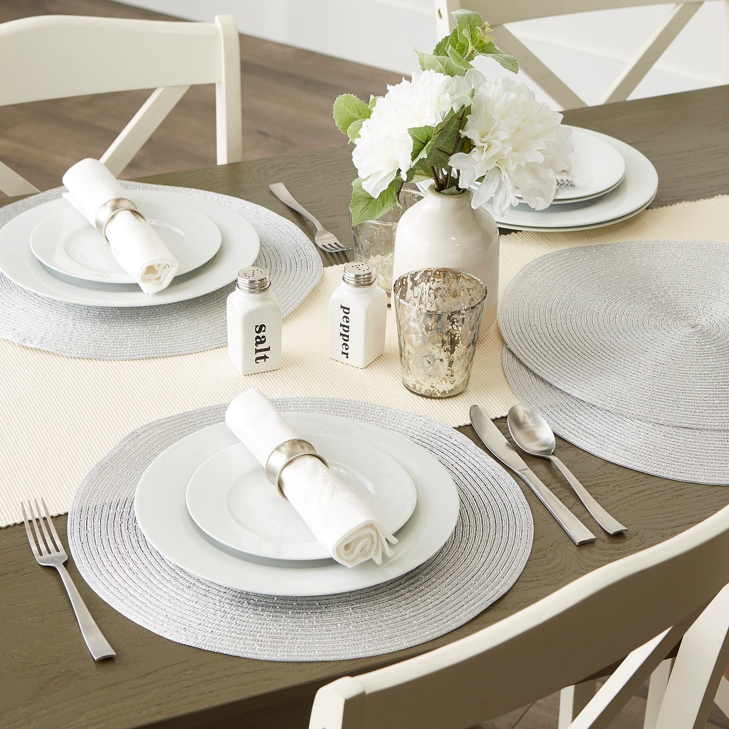 Metallic Silver Round Woven Placemats, Set Of 4