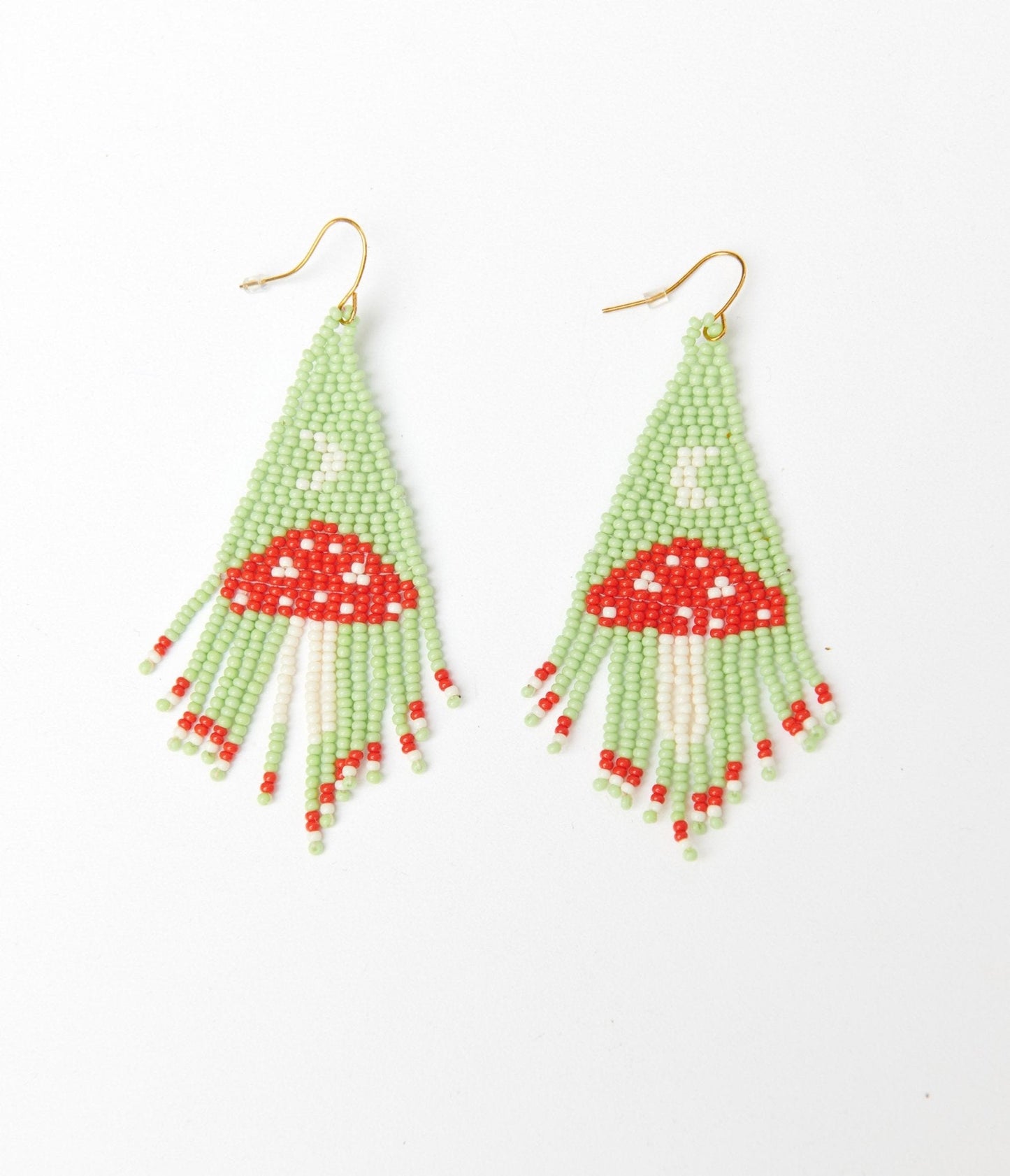 Mint & Red Mushroom Beaded Earrings