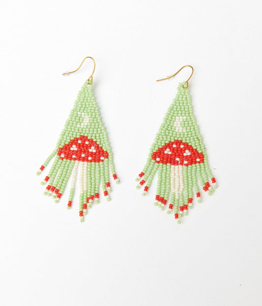 Mint & Red Mushroom Beaded Earrings