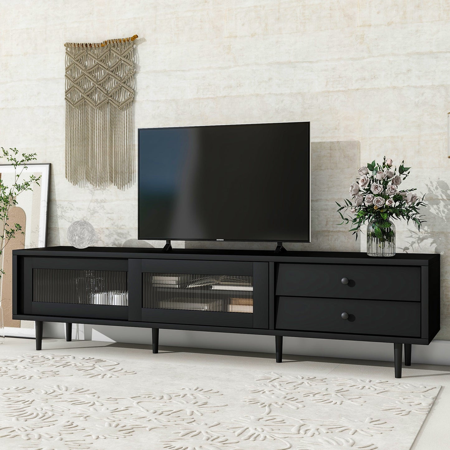 Modern TV Stand with Sliding Flutes Glass Doors and Slanted Drawer