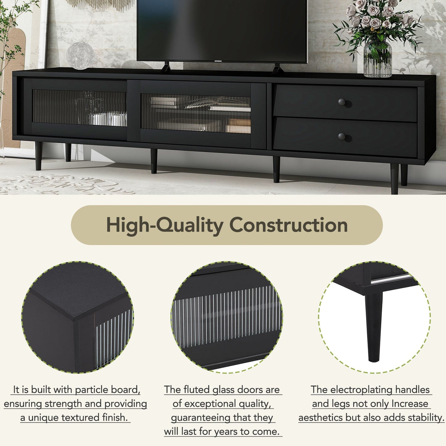 Modern TV Stand with Sliding Flutes Glass Doors and Slanted Drawer