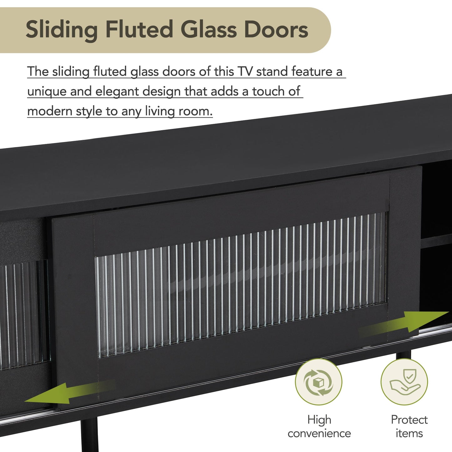 Modern TV Stand with Sliding Flutes Glass Doors and Slanted Drawer