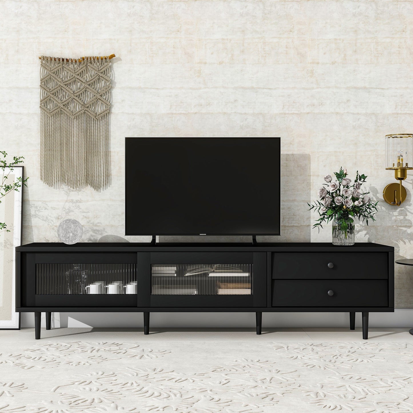 Modern TV Stand with Sliding Flutes Glass Doors and Slanted Drawer