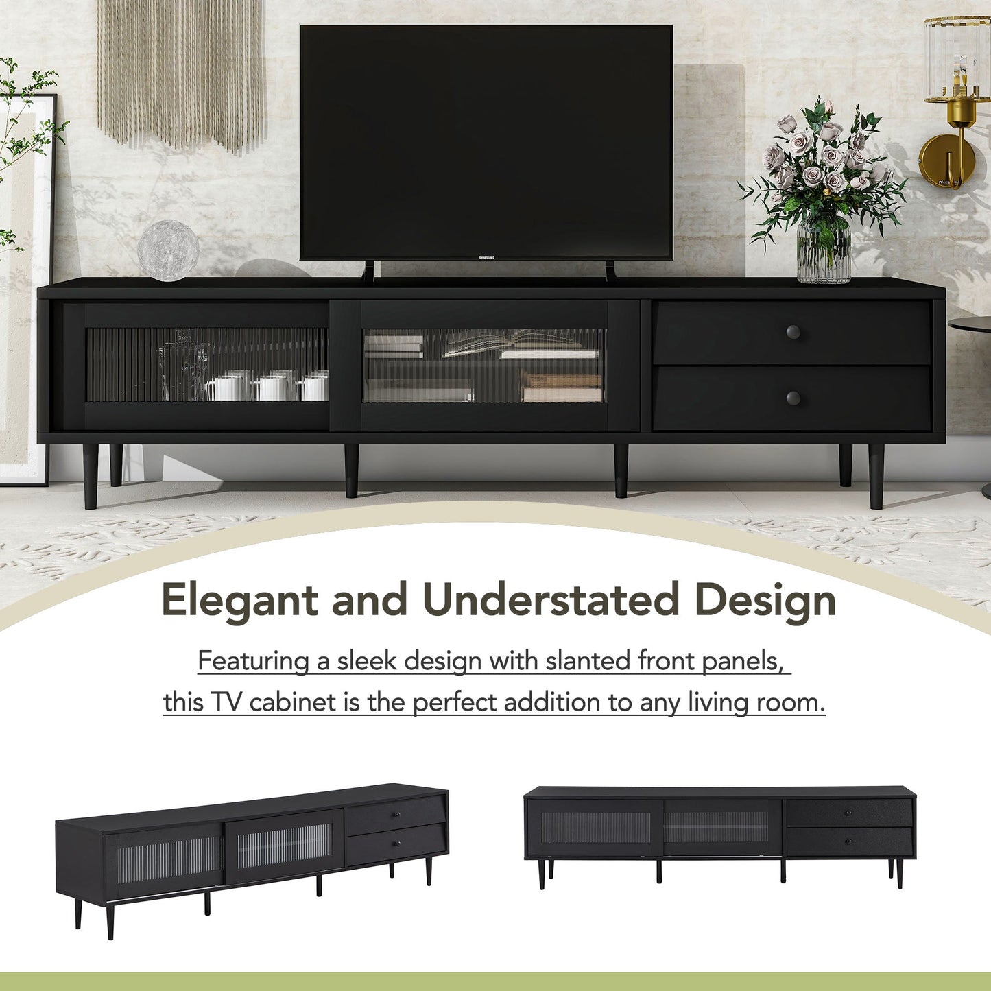 Modern TV Stand with Sliding Flutes Glass Doors and Slanted Drawer