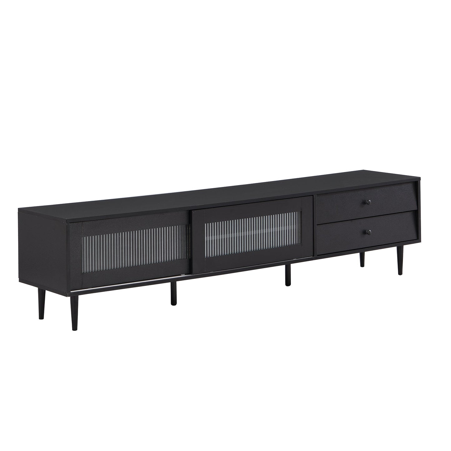 Modern TV Stand with Sliding Flutes Glass Doors and Slanted Drawer