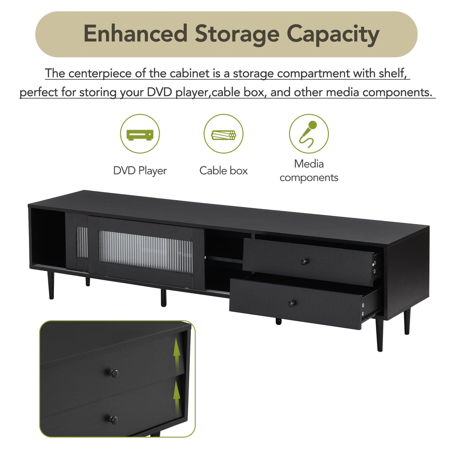 Modern TV Stand with Sliding Flutes Glass Doors and Slanted Drawer