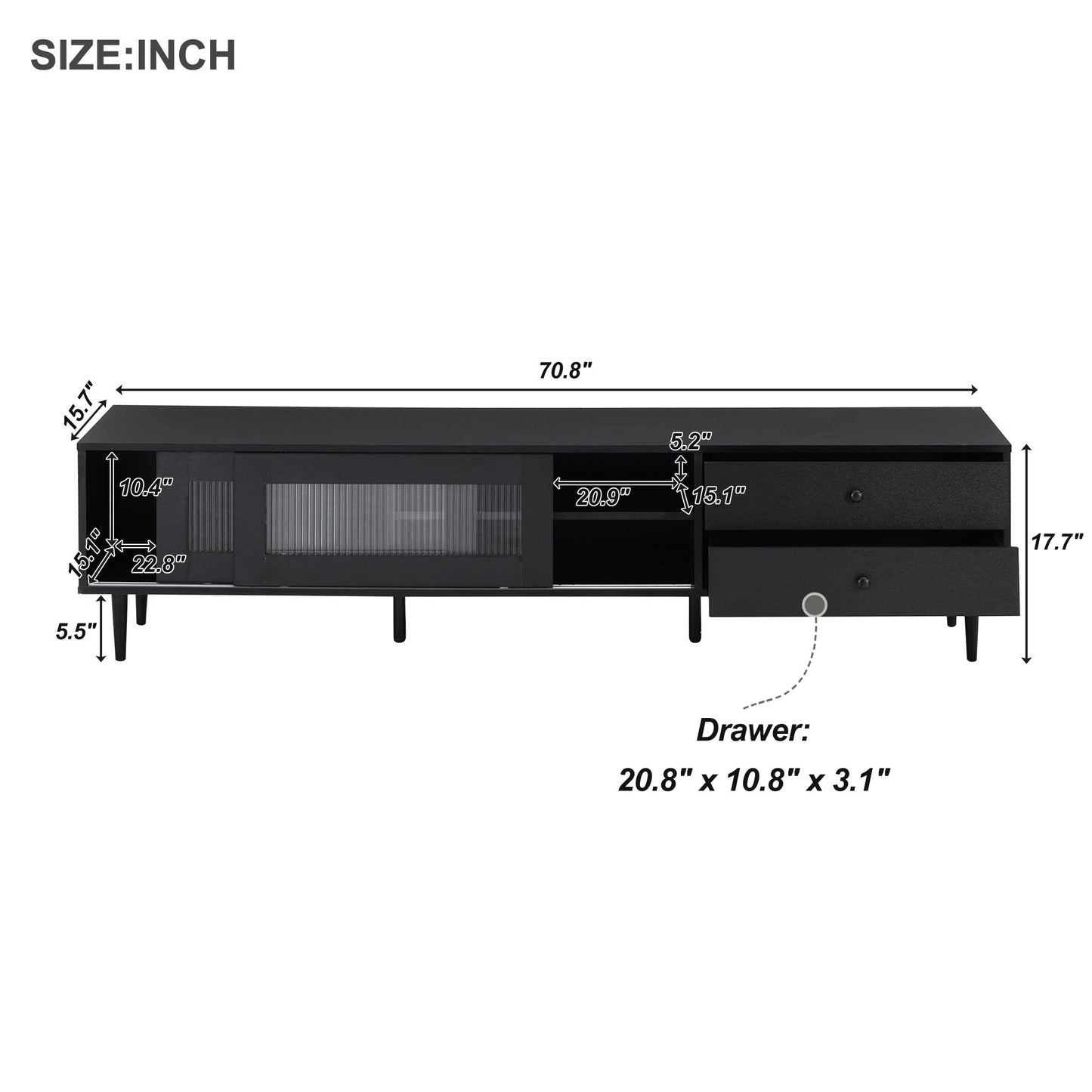 Modern TV Stand with Sliding Flutes Glass Doors and Slanted Drawer