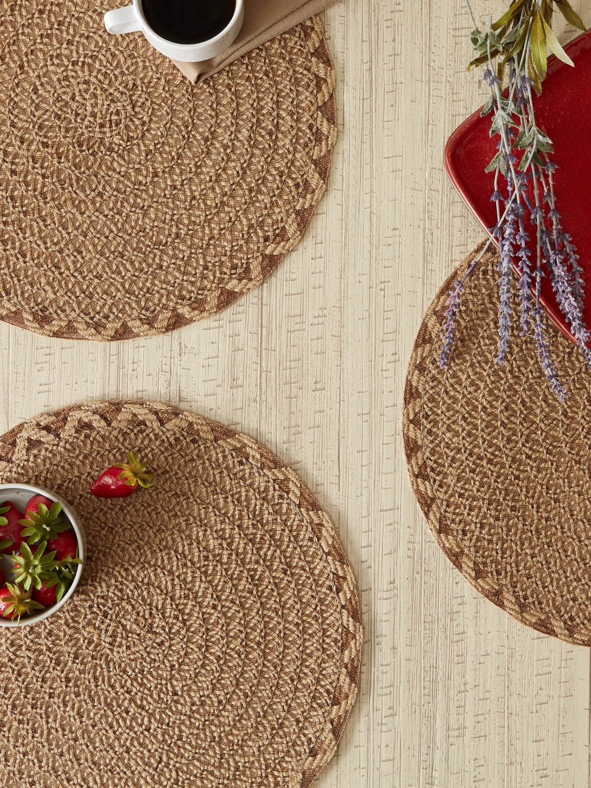 Natural Lattice Woven Polyester Round Placemats, Set Of 6