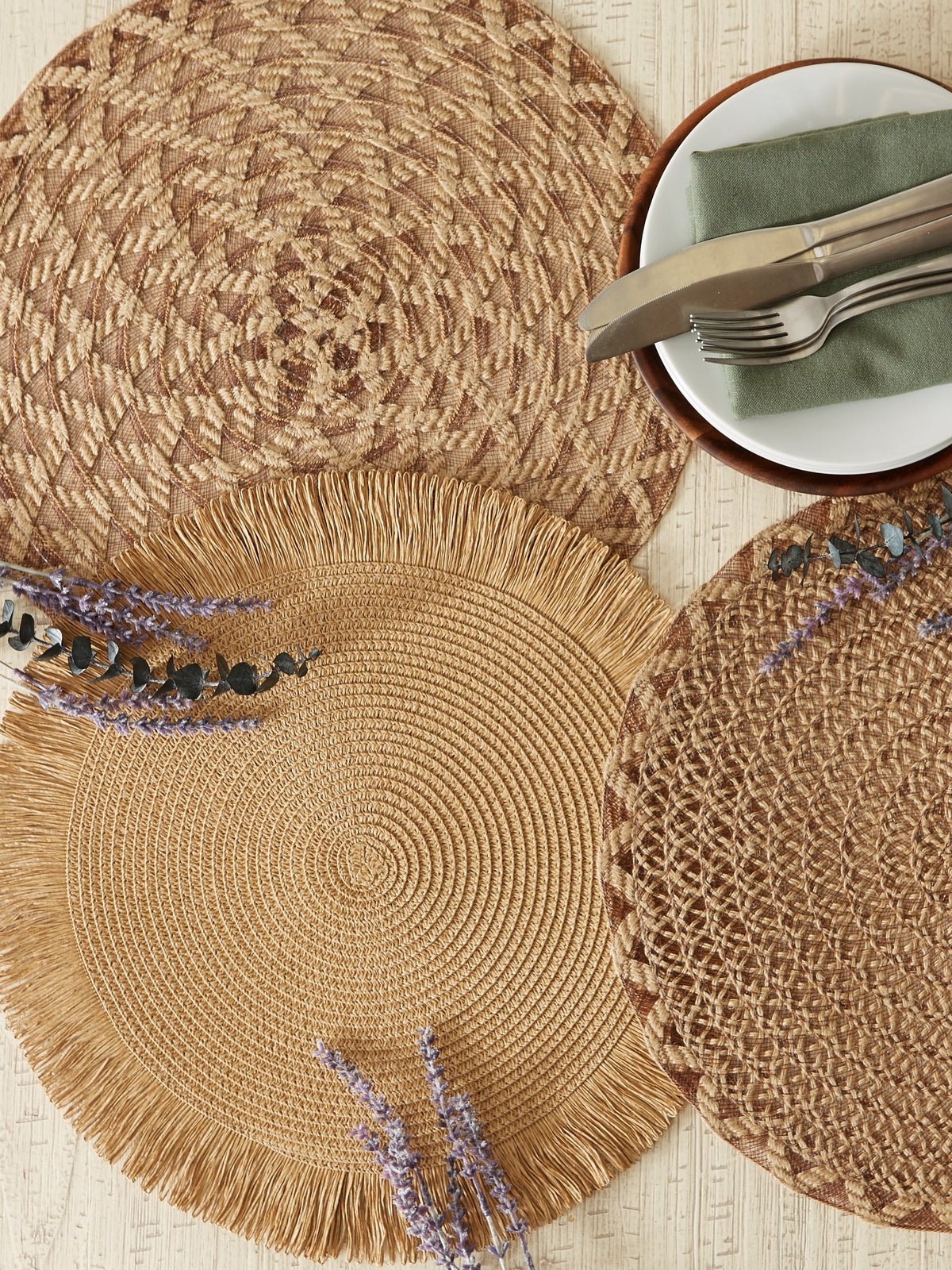 Natural Lattice Woven Polyester Round Placemats, Set Of 6