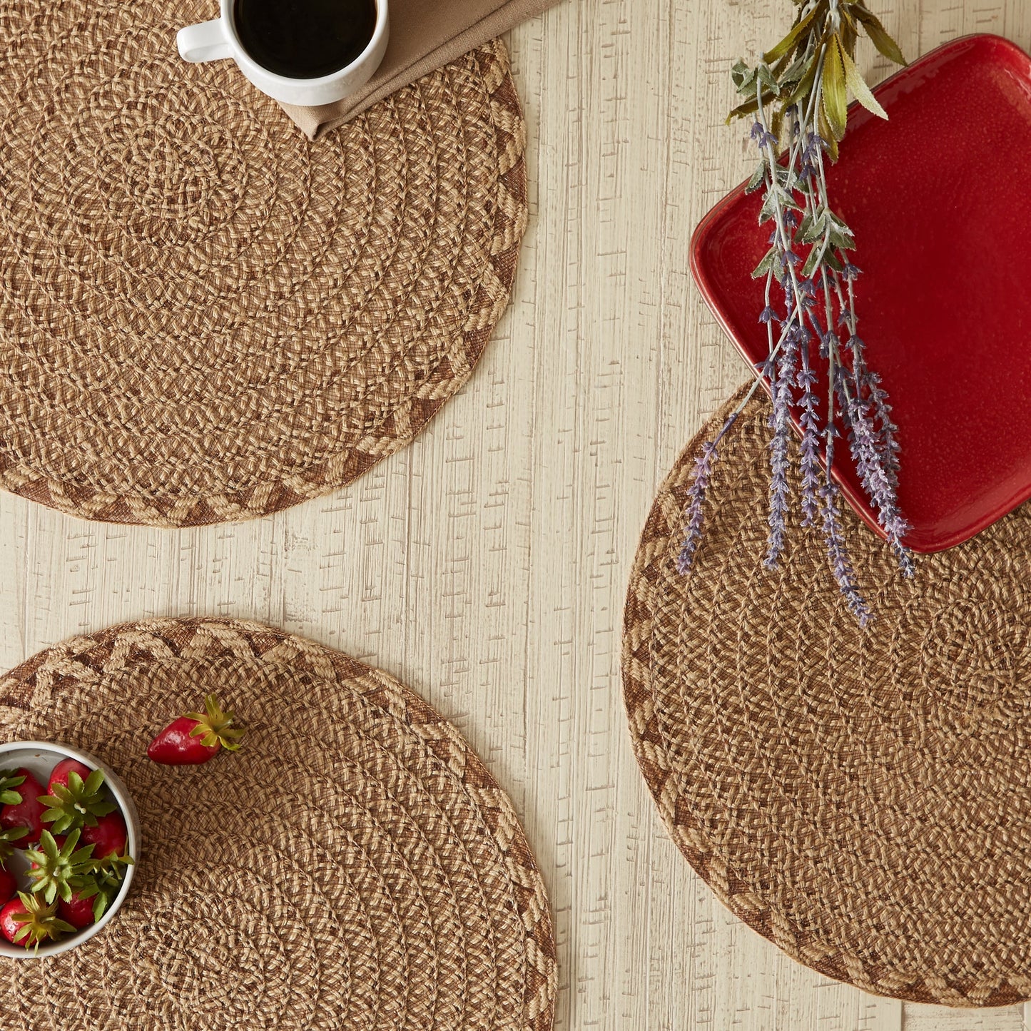 Natural Lattice Woven Polyester Round Placemats, Set Of 6