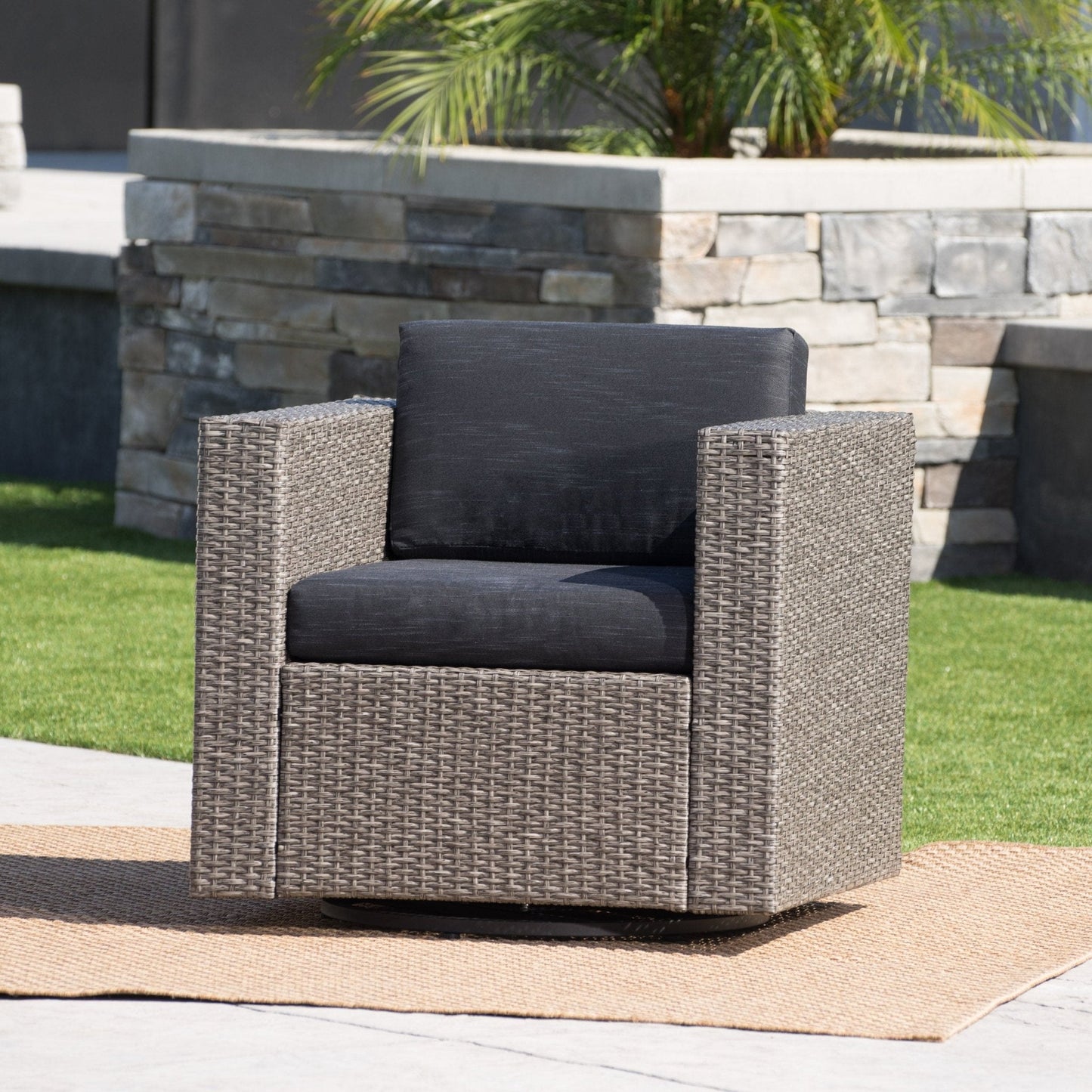Nebula Outdoor Rattan Swivel Chair with Square Arm and Water-Resistant Cushions
