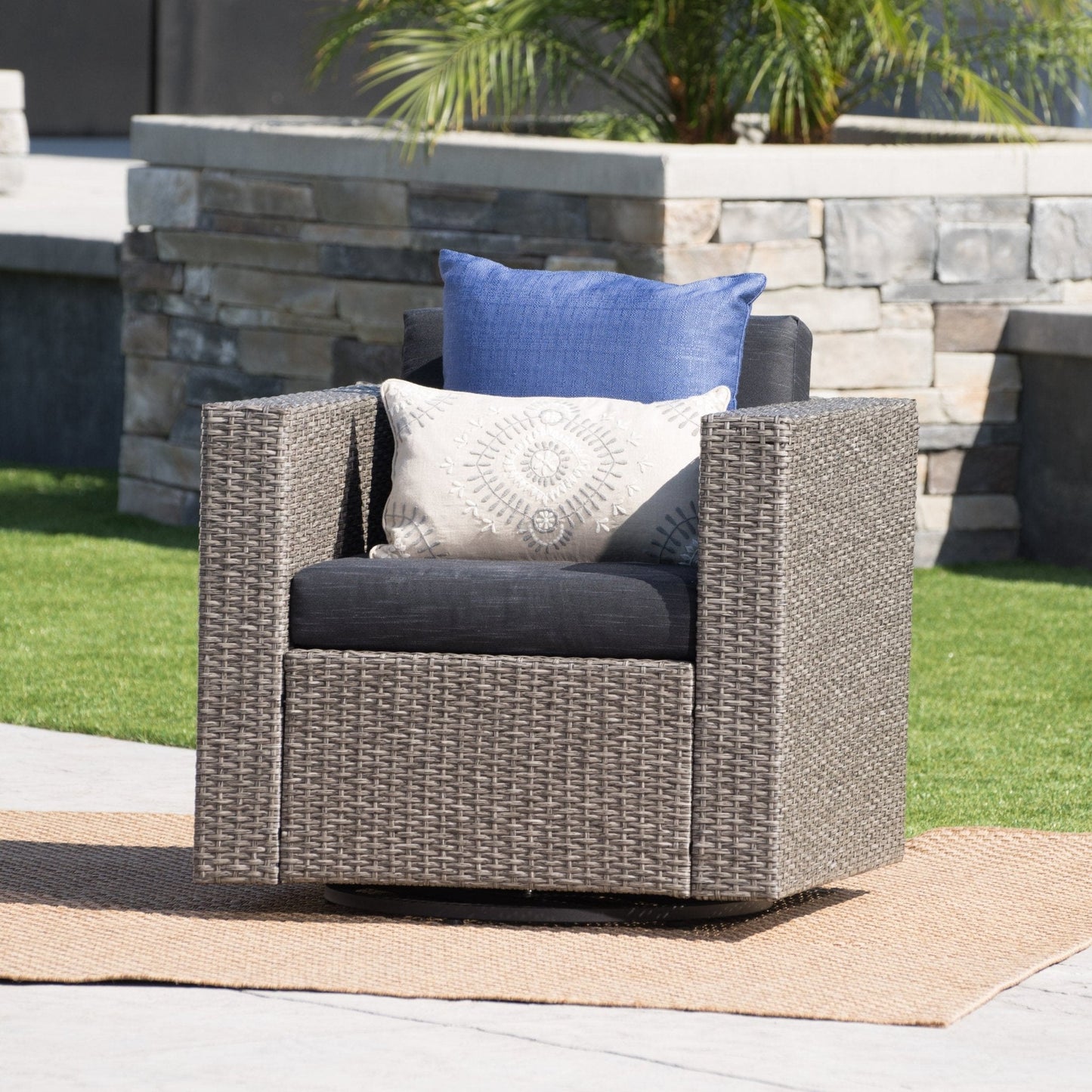 Nebula Outdoor Rattan Swivel Chair with Square Arm and Water-Resistant Cushions