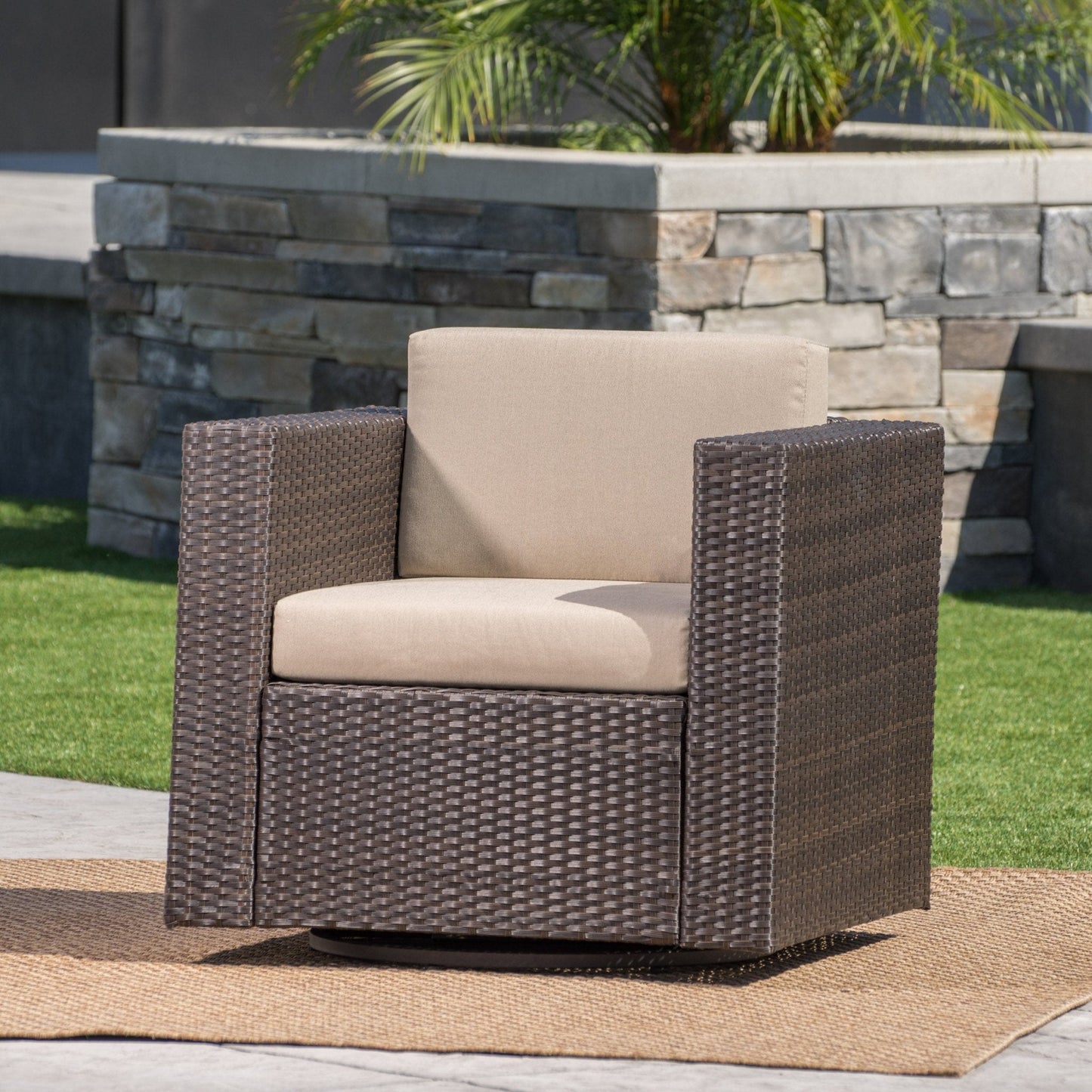 Nebula Outdoor Rattan Swivel Chair with Square Arm and Water-Resistant Cushions
