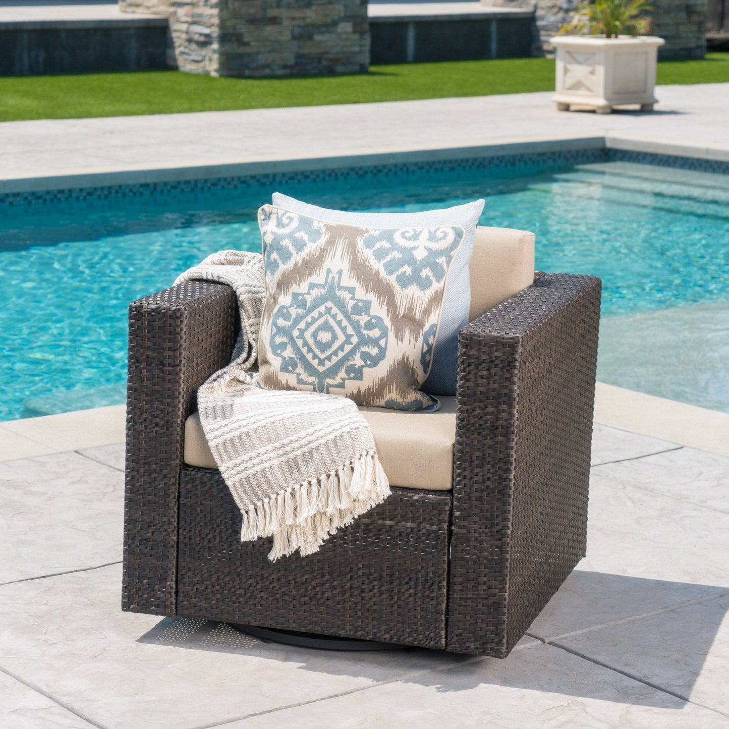 Nebula Outdoor Rattan Swivel Chair with Square Arm and Water-Resistant Cushions