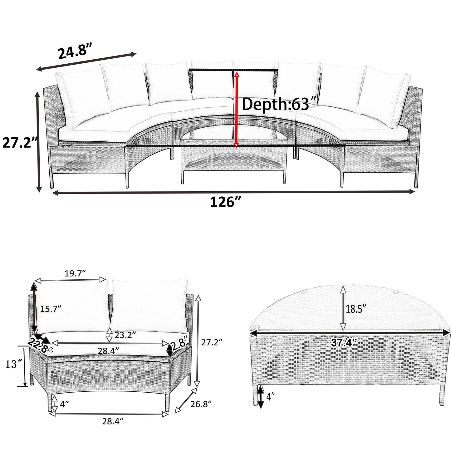 Odessa 5 Piece Outdoor Sectional Sofa Set with Tempered Glass Table