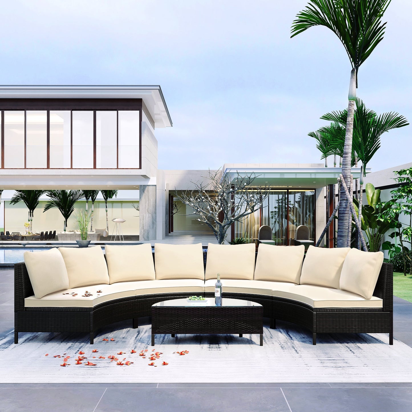 Odessa 5 Piece Outdoor Sectional Sofa Set with Tempered Glass Table