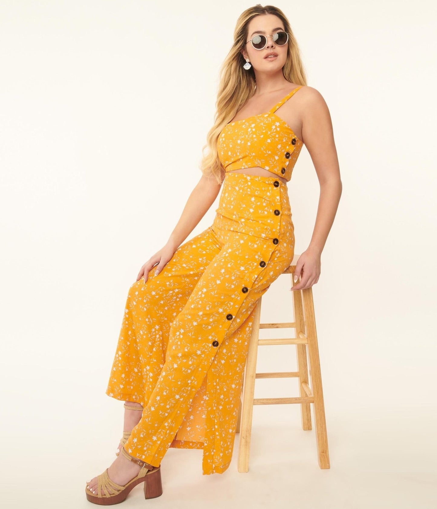 Orange & White Floral Side Button Pants