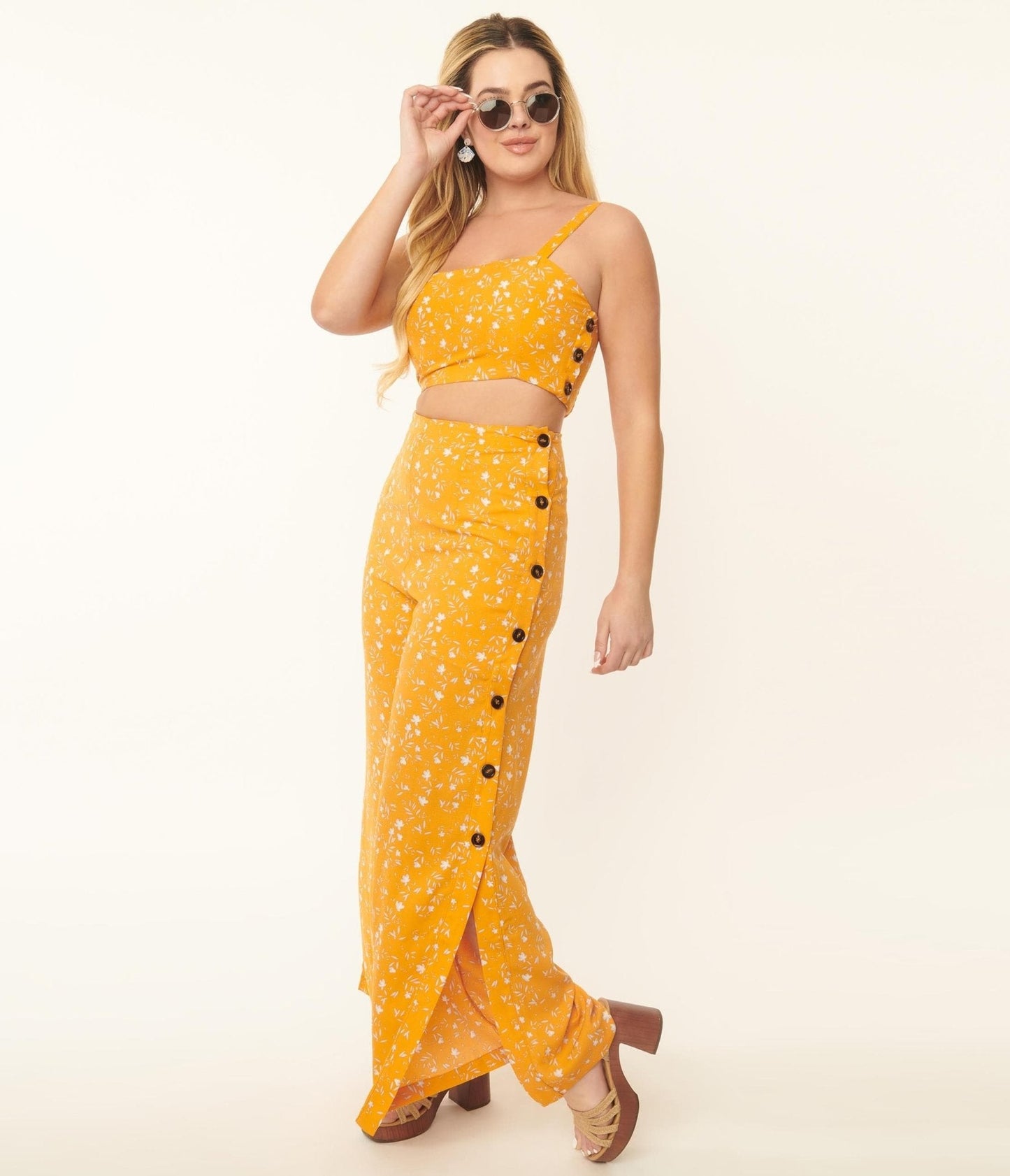 Orange & White Floral Side Button Pants