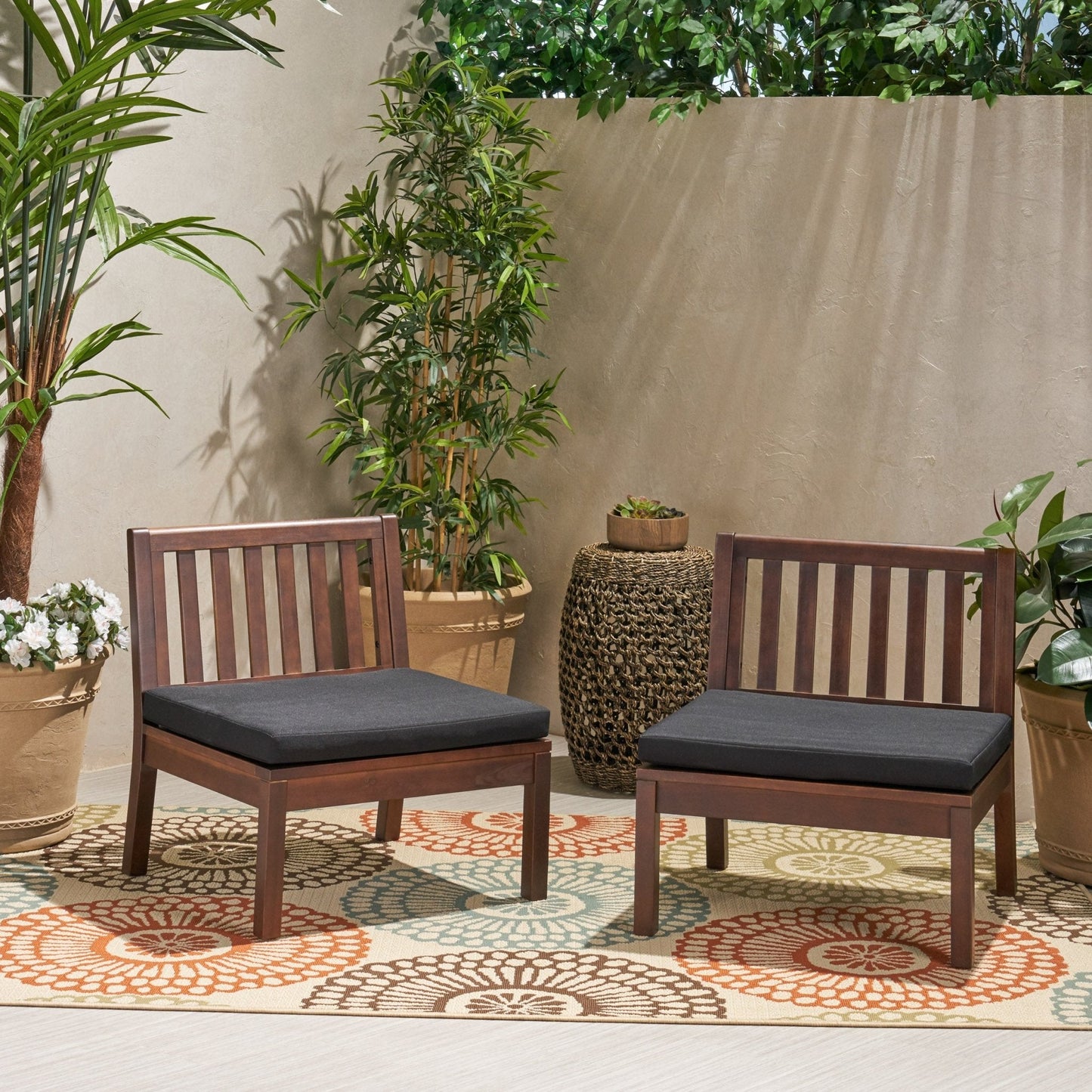 Outdoor Acacia Wood Club Chair with Slat Back Set of 2