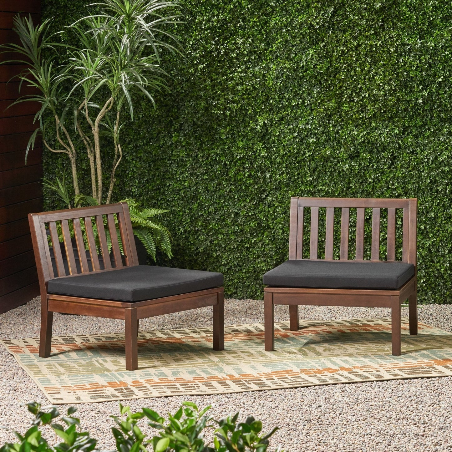 Outdoor Acacia Wood Club Chair with Slat Back Set of 2