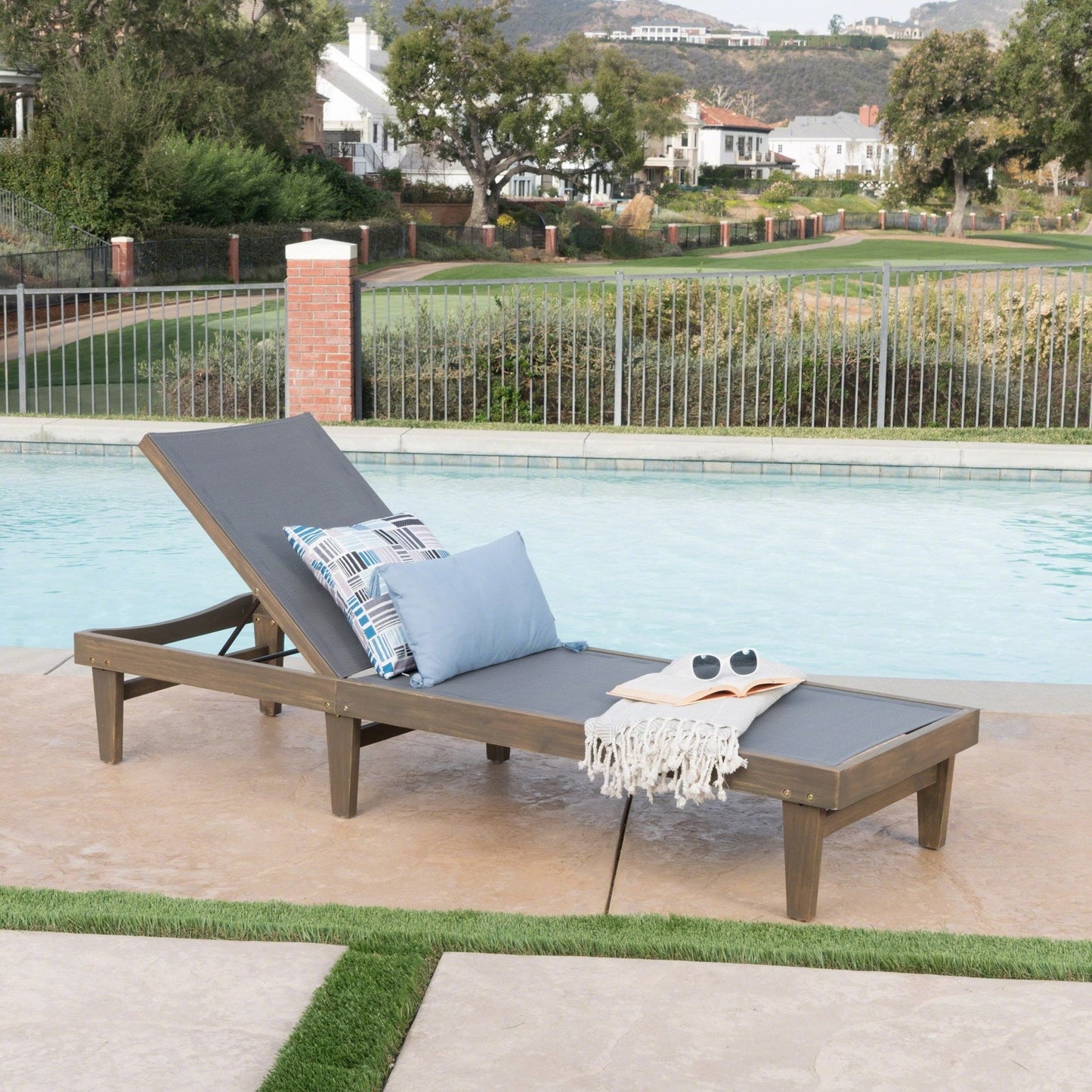 Outdoor Chaise Lounge with Mesh Seating and Acacia Wood Frame