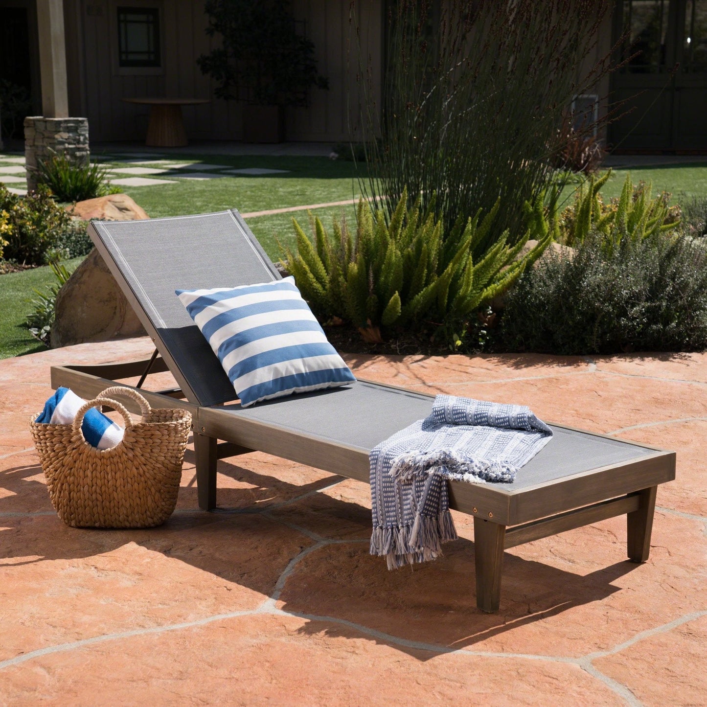 Outdoor Chaise Lounge with Mesh Seating and Acacia Wood Frame