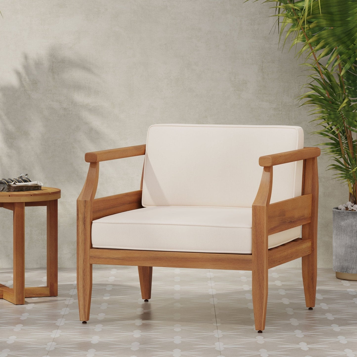 Outdoor Club Chair with Cushion and Wooden Frame