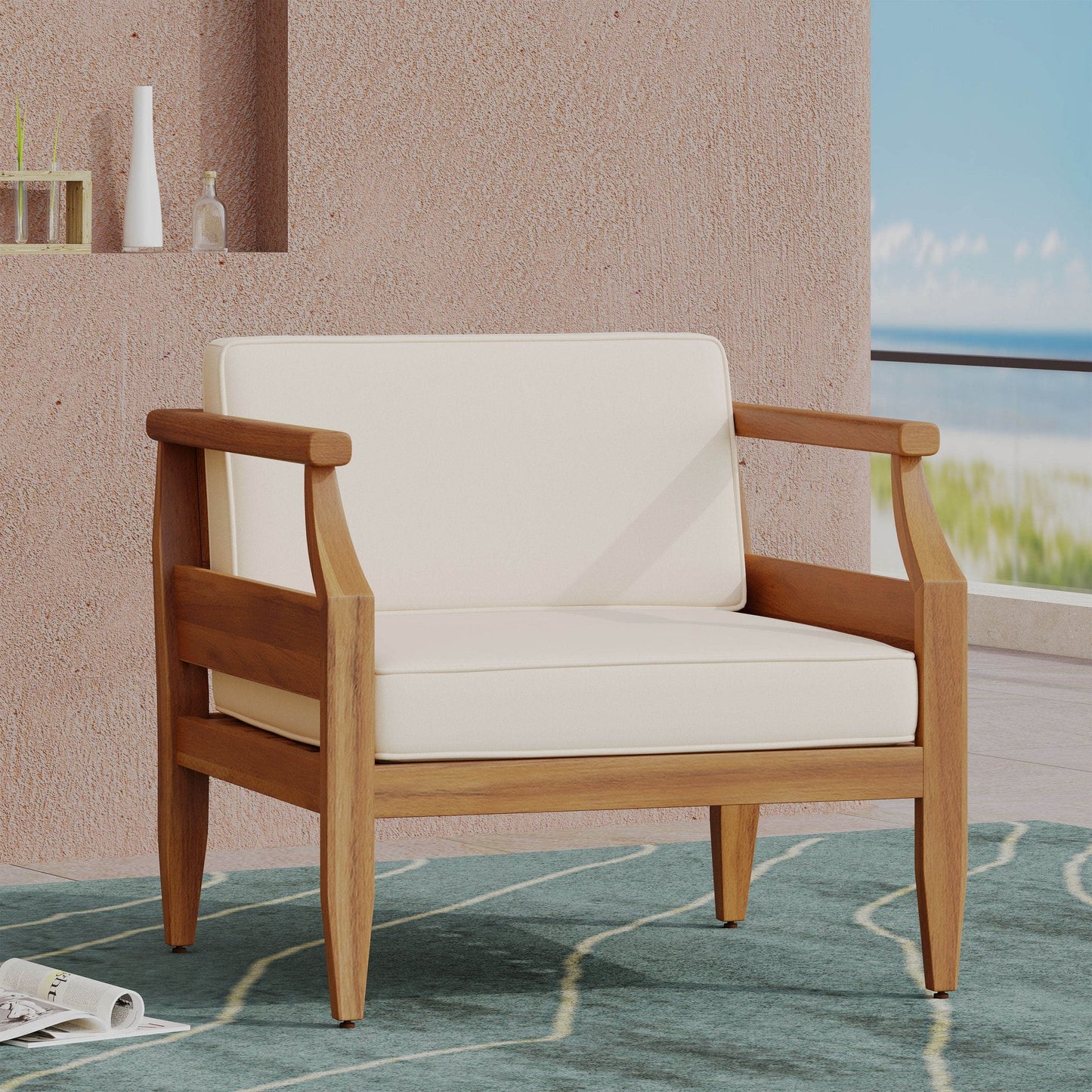 Outdoor Club Chair with Cushion and Wooden Frame