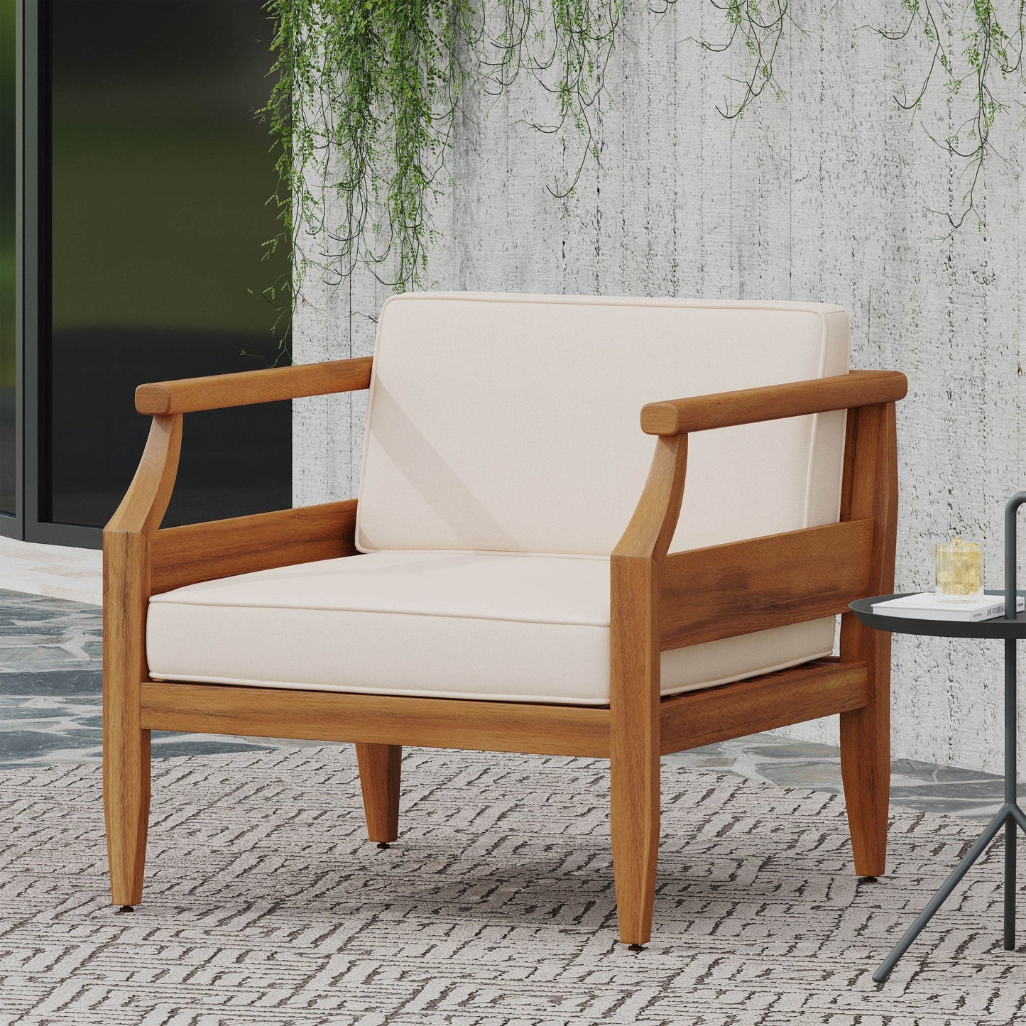 Outdoor Club Chair with Cushion and Wooden Frame
