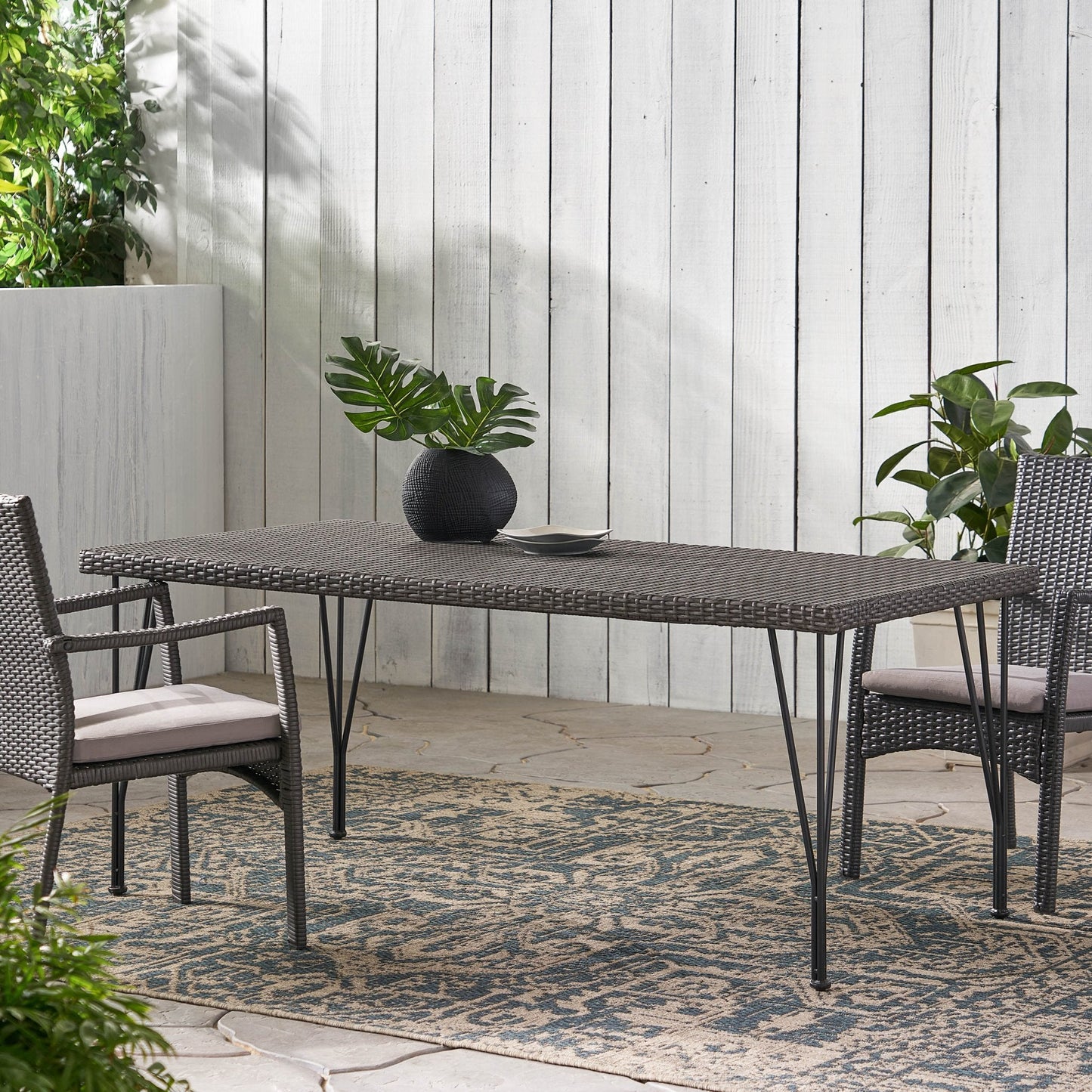 Outdoor Dining Table with Rattan Cover and Metal Legs