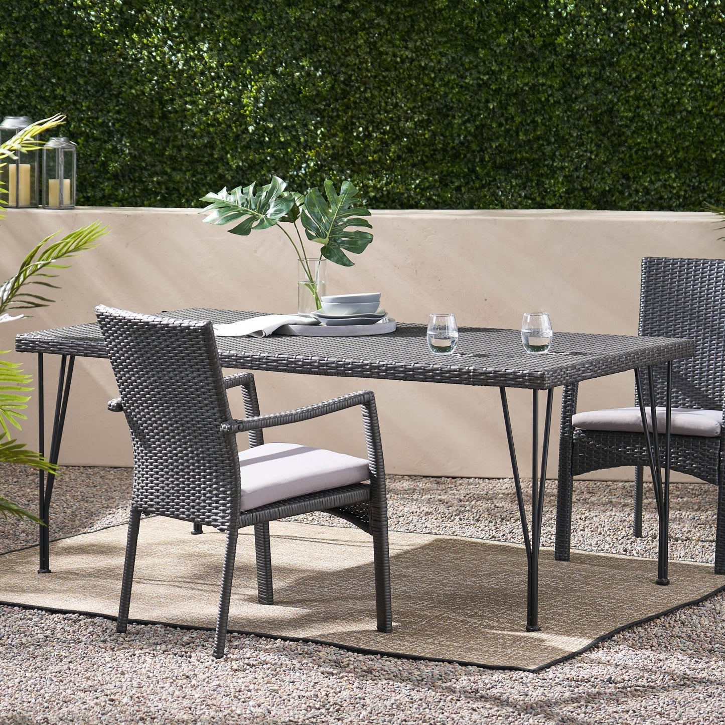 Outdoor Dining Table with Rattan Cover and Metal Legs