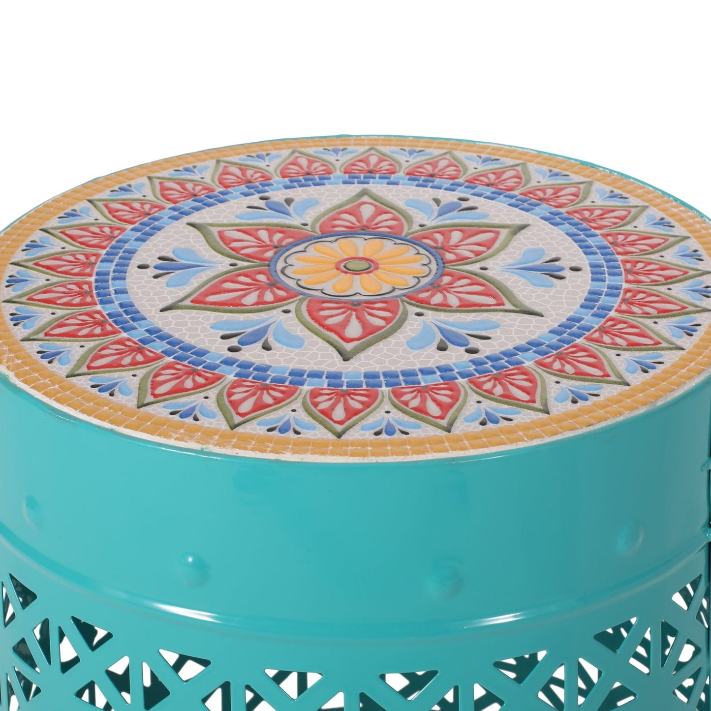 Outdoor Lace-Cut Metal Side Table with Tile Mosaic Top