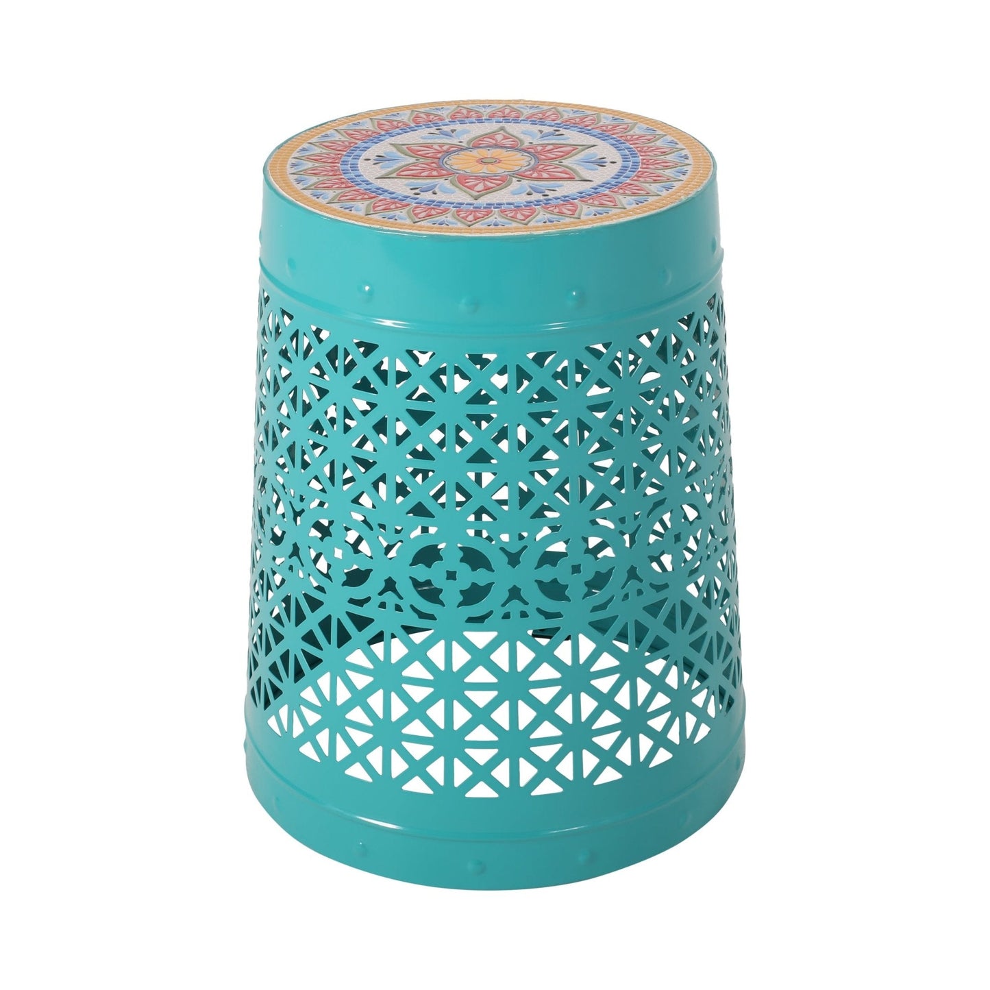 Outdoor Lace-Cut Metal Side Table with Tile Mosaic Top