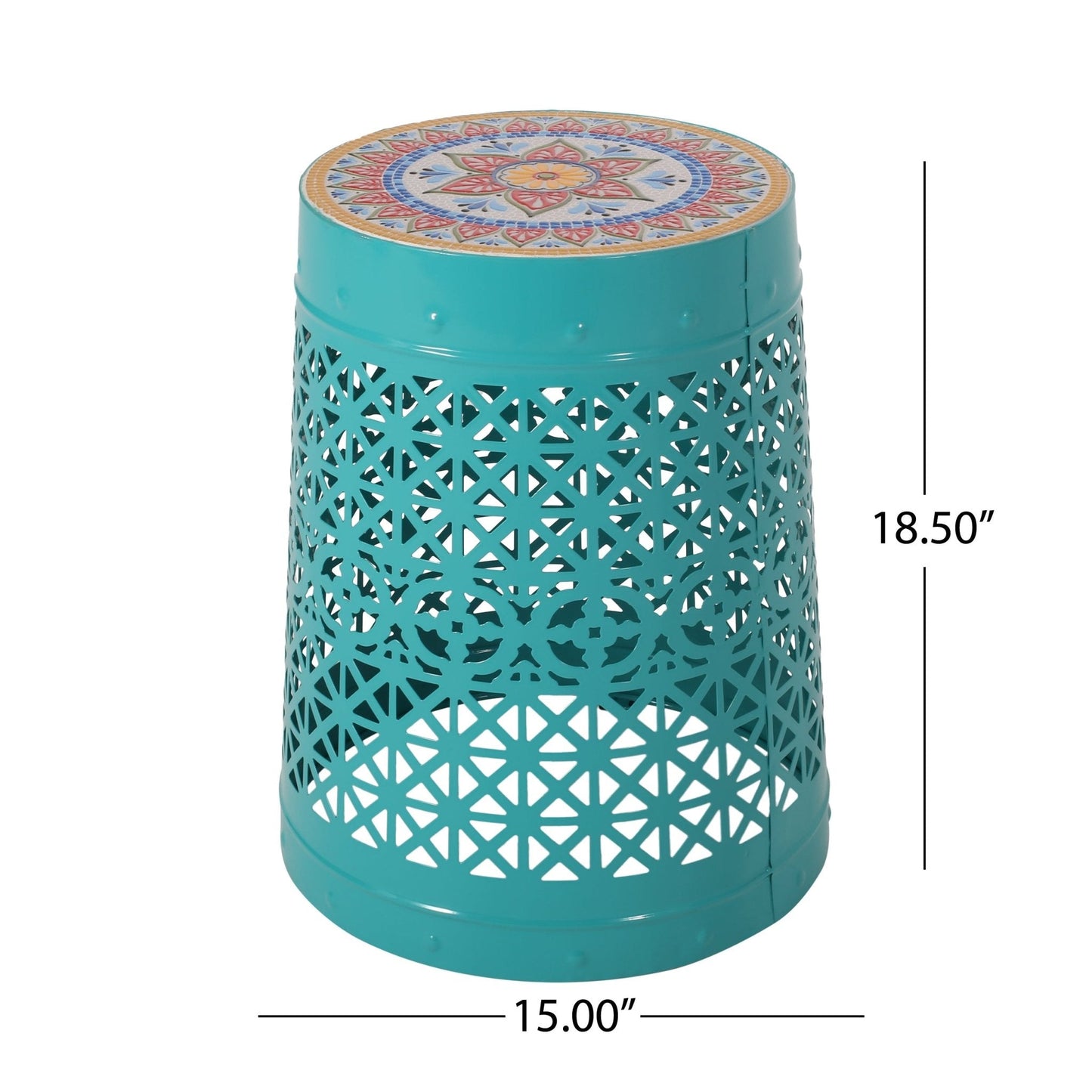 Outdoor Lace-Cut Metal Side Table with Tile Mosaic Top
