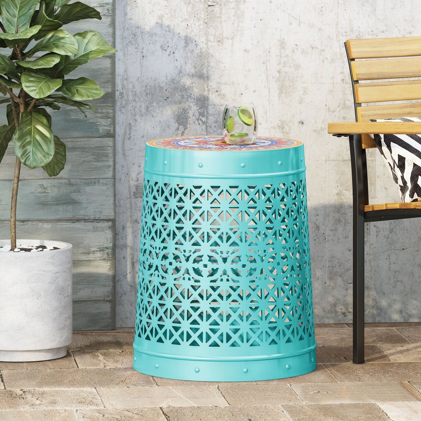 Outdoor Lace-Cut Metal Side Table with Tile Mosaic Top