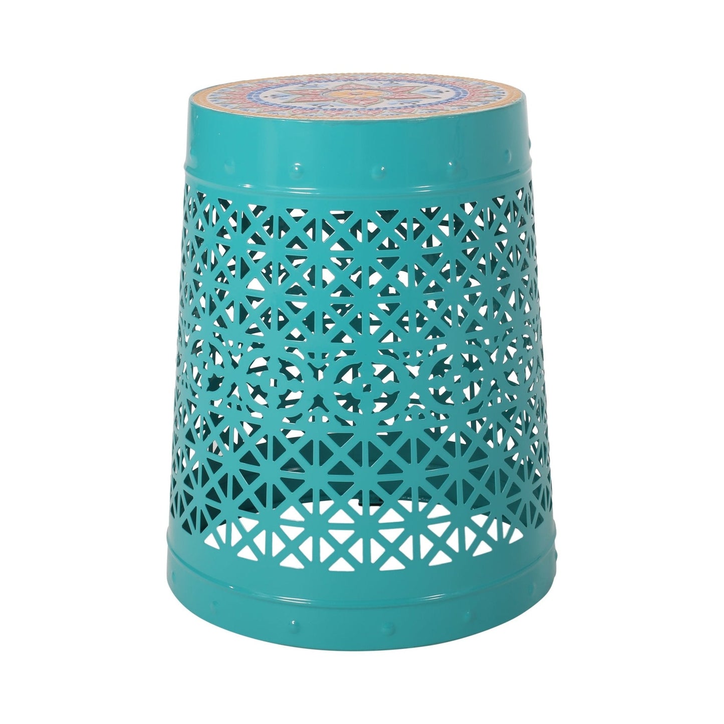 Outdoor Lace-Cut Metal Side Table with Tile Mosaic Top
