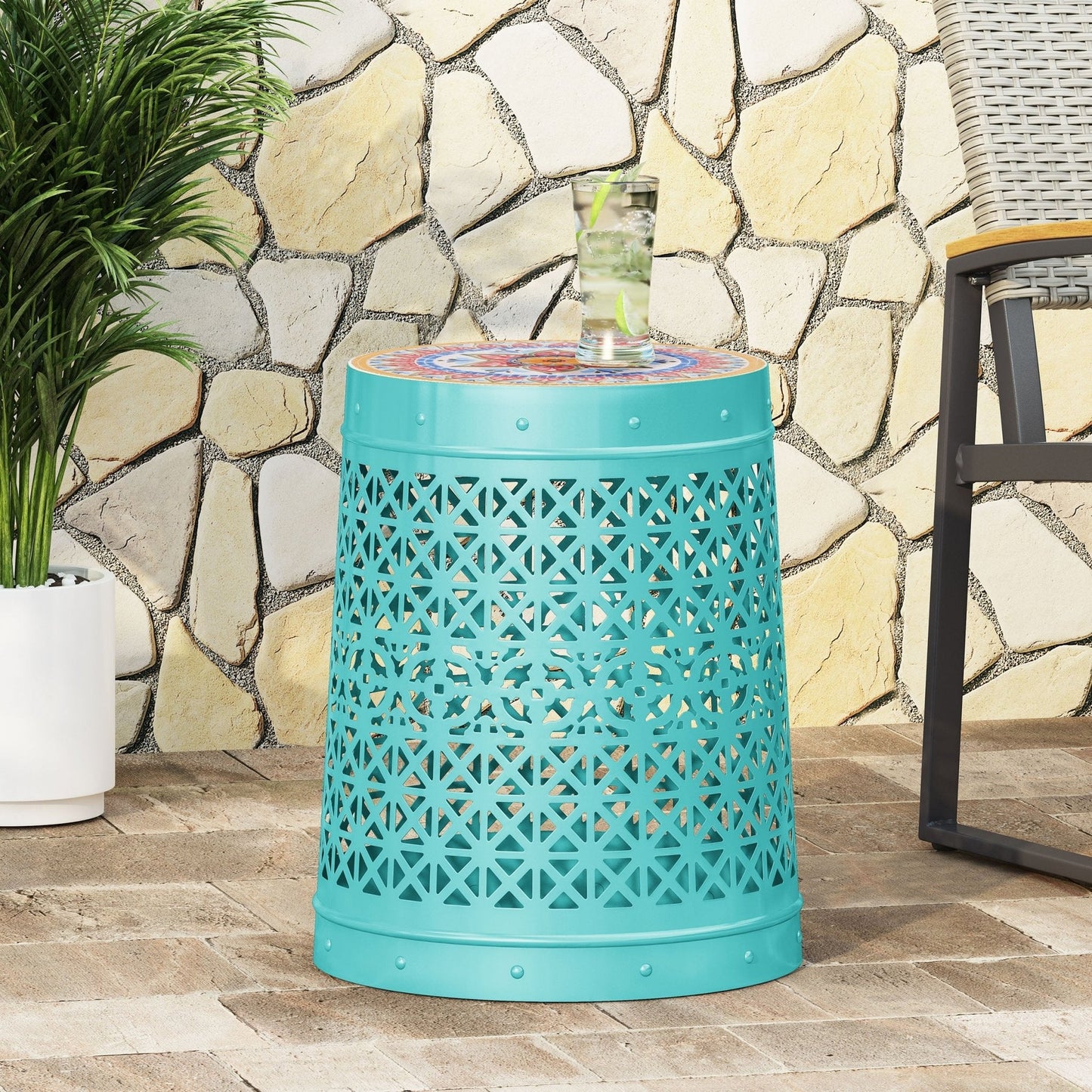 Outdoor Lace-Cut Metal Side Table with Tile Mosaic Top