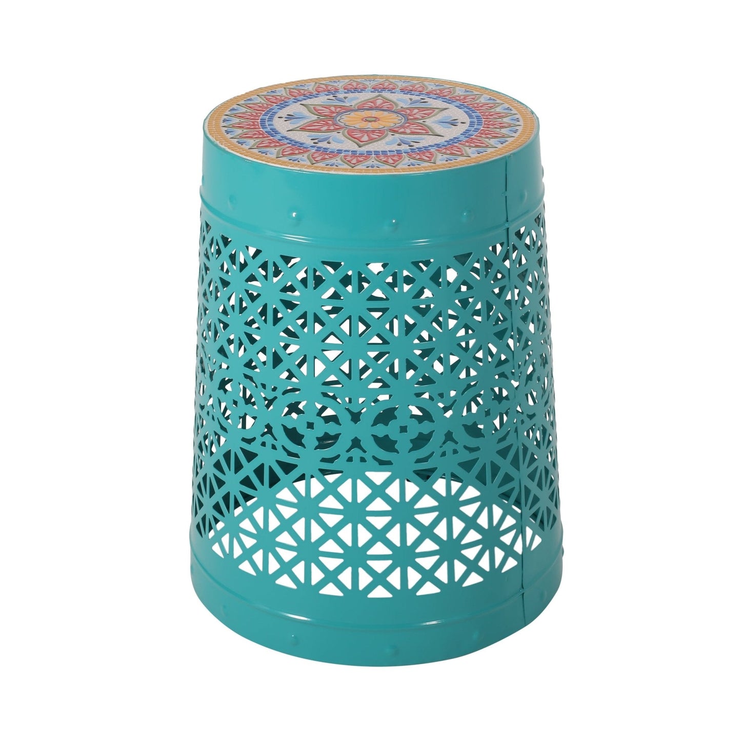 Outdoor Lace-Cut Metal Side Table with Tile Mosaic Top