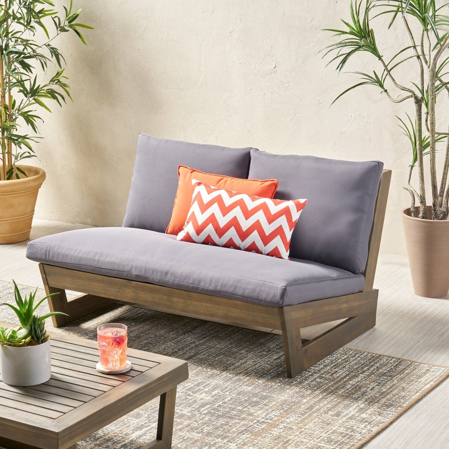 Outdoor Loveseat with Slat Paneling and Water Resistance Cushion