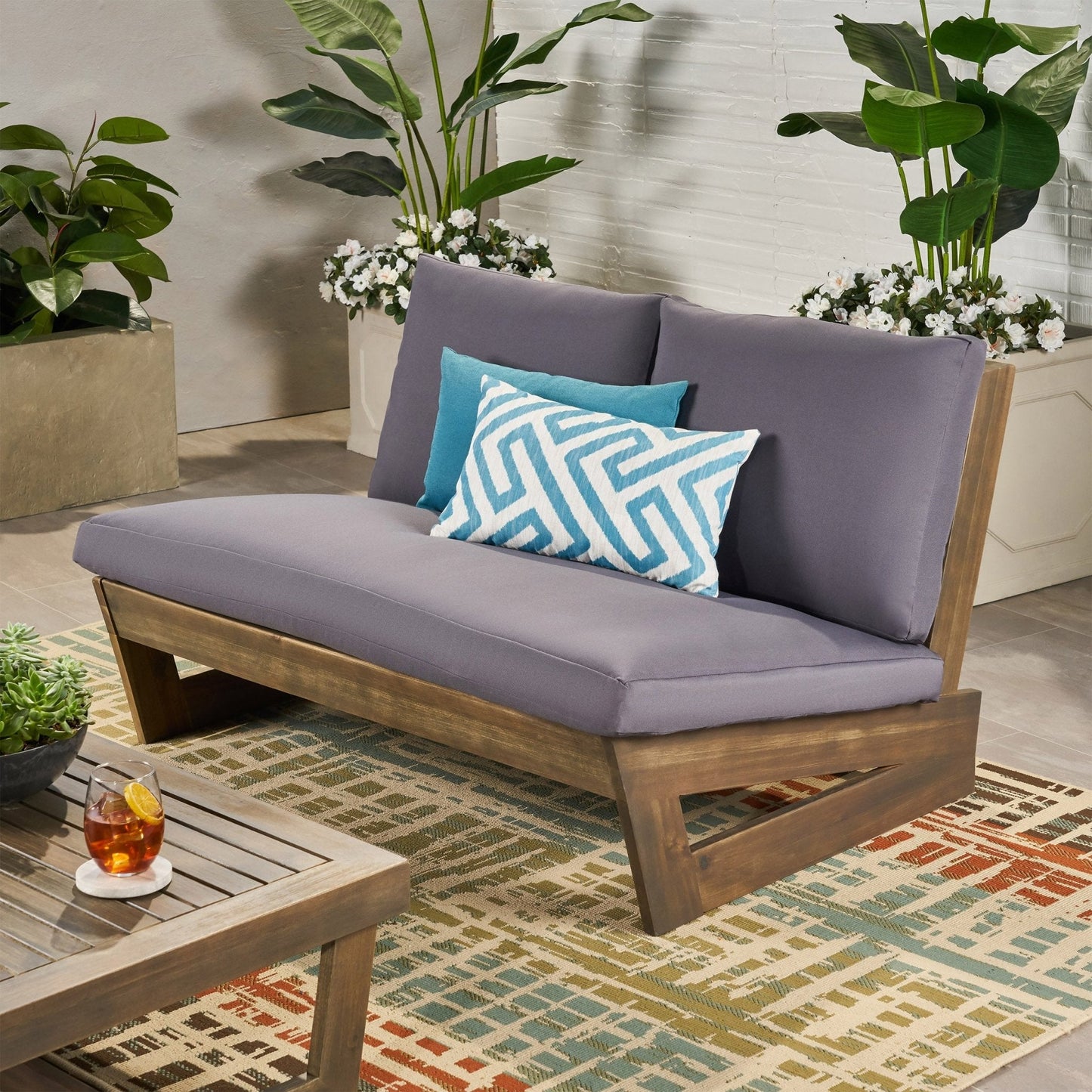 Outdoor Loveseat with Slat Paneling and Water Resistance Cushion