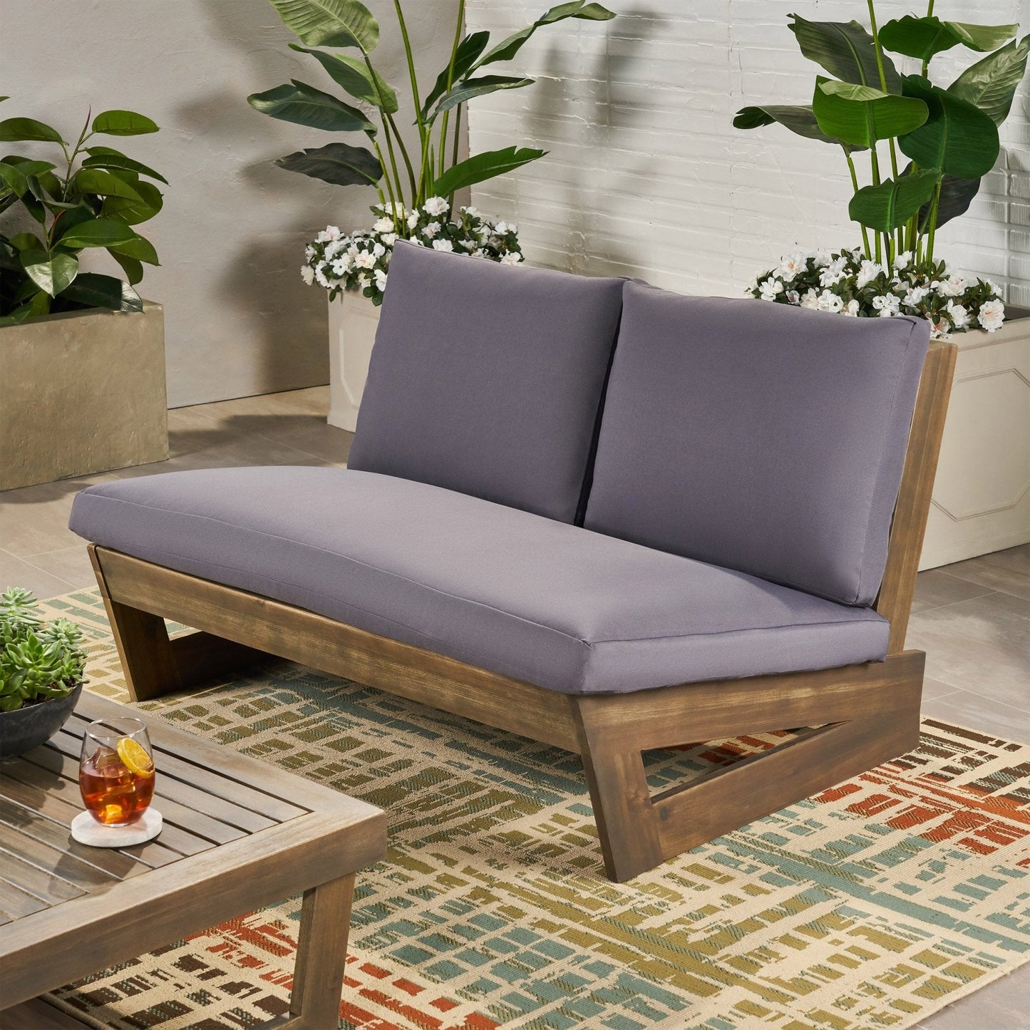 Outdoor Loveseat with Slat Paneling and Water Resistance Cushion