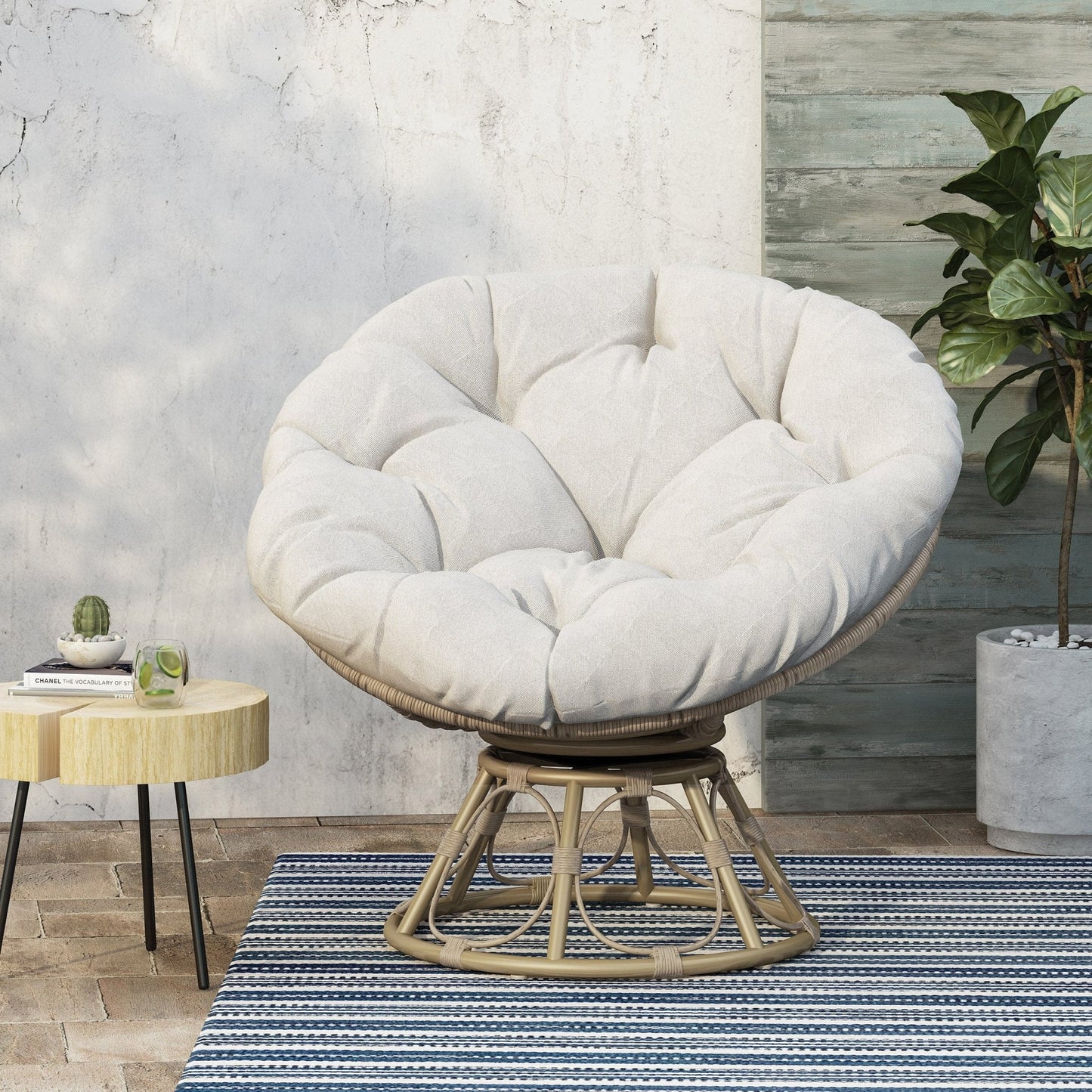 Indoor/Outdoor Papasan Swivel Chair with Water Resistant Cushion