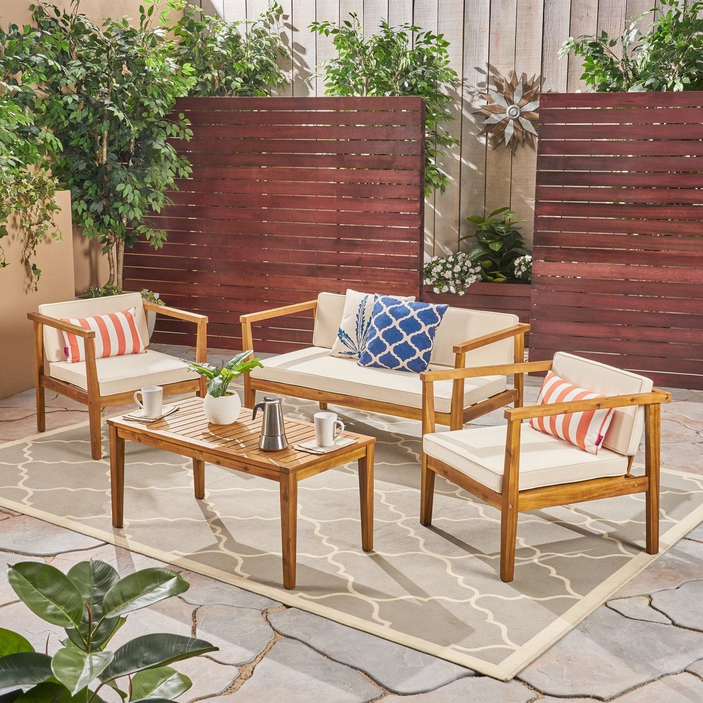 Outdoor Patio Acacia Wood Set with Coffee Table, 2 Club Chairs and Loveseat