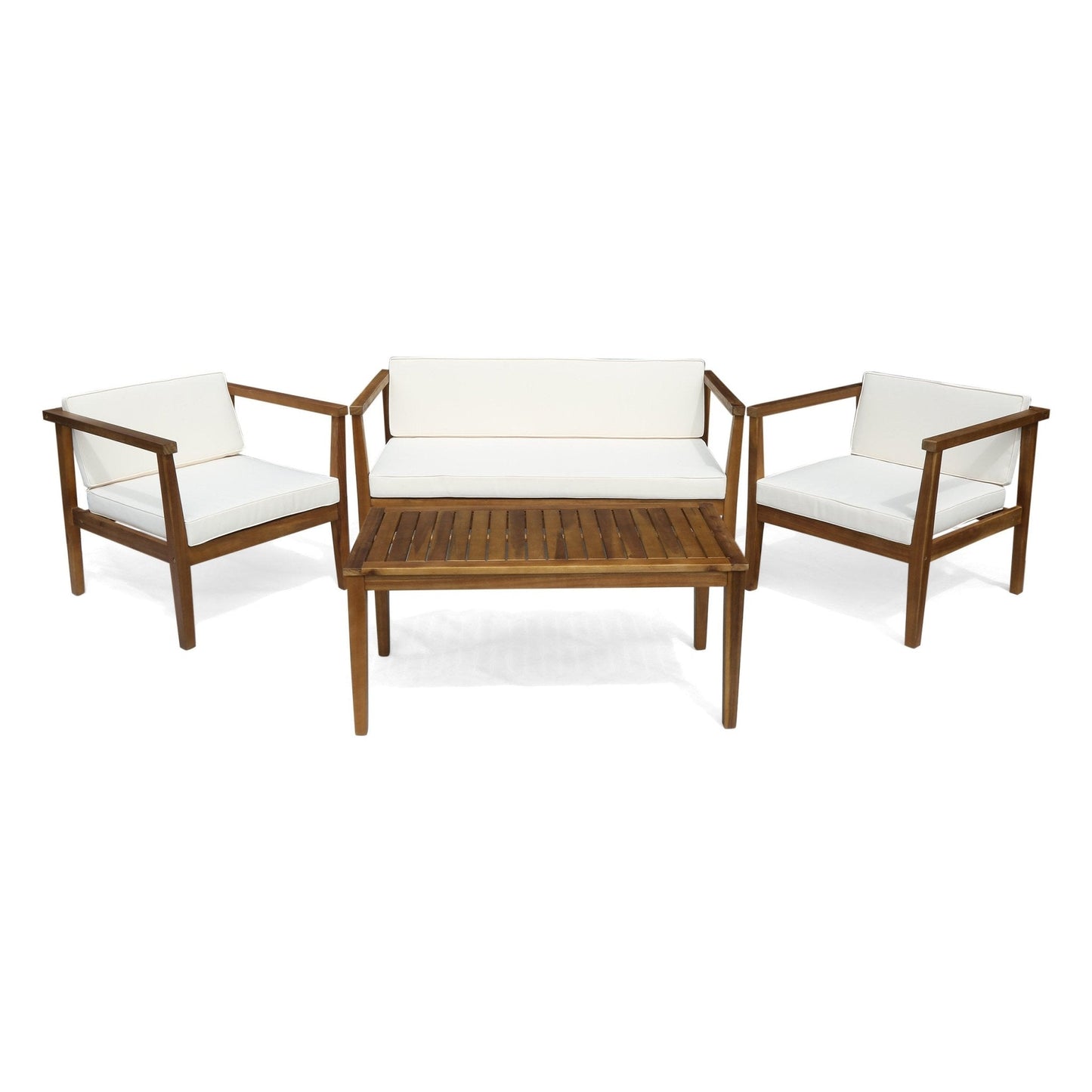 Outdoor Patio Acacia Wood Set with Coffee Table, 2 Club Chairs and Loveseat