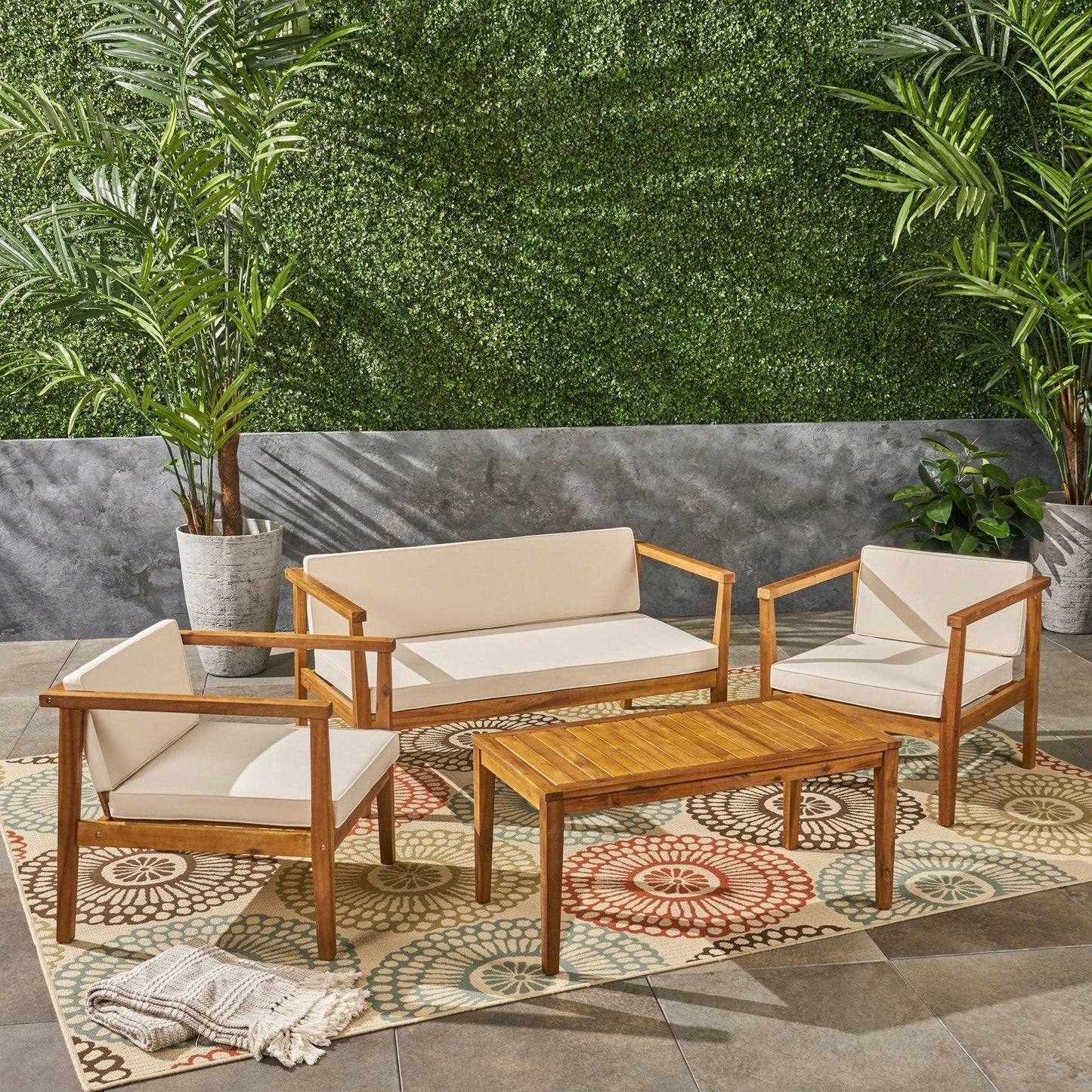 Outdoor Patio Acacia Wood Set with Coffee Table, 2 Club Chairs and Loveseat