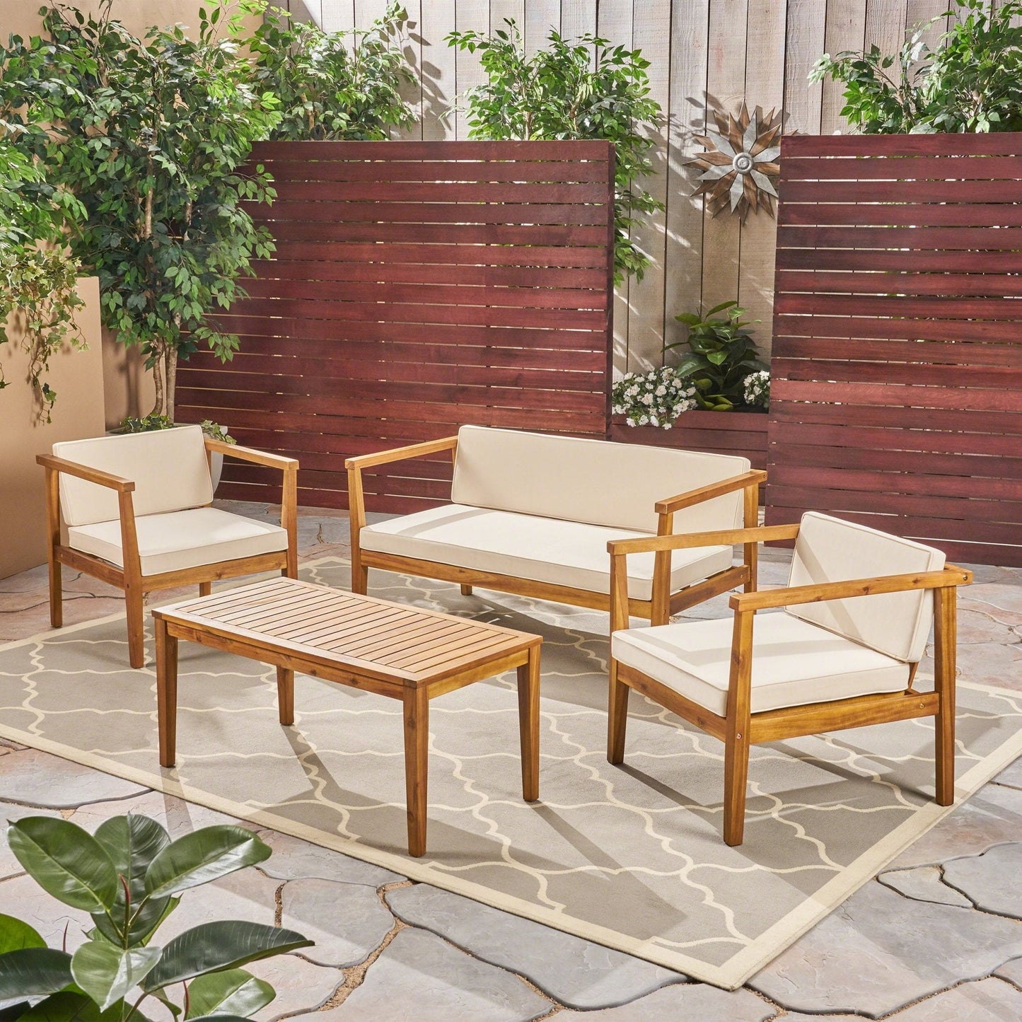 Outdoor Patio Acacia Wood Set with Coffee Table, 2 Club Chairs and Loveseat